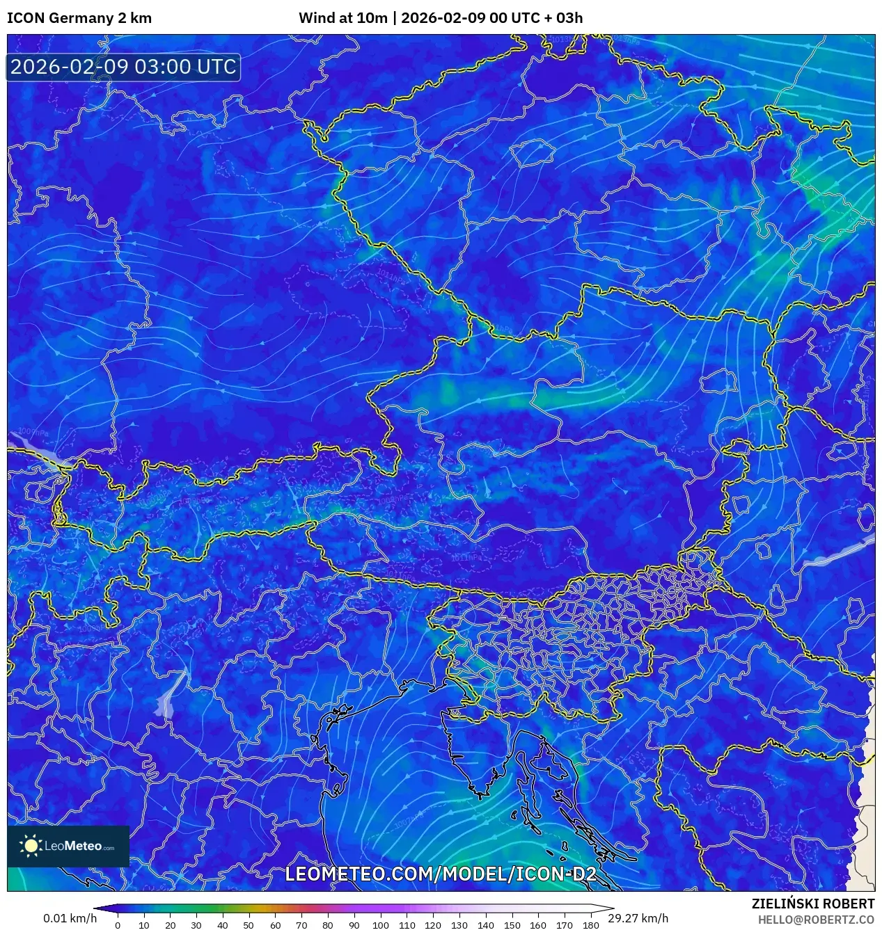 ICON Jerman 2 km model - Austria, Angin 10 m