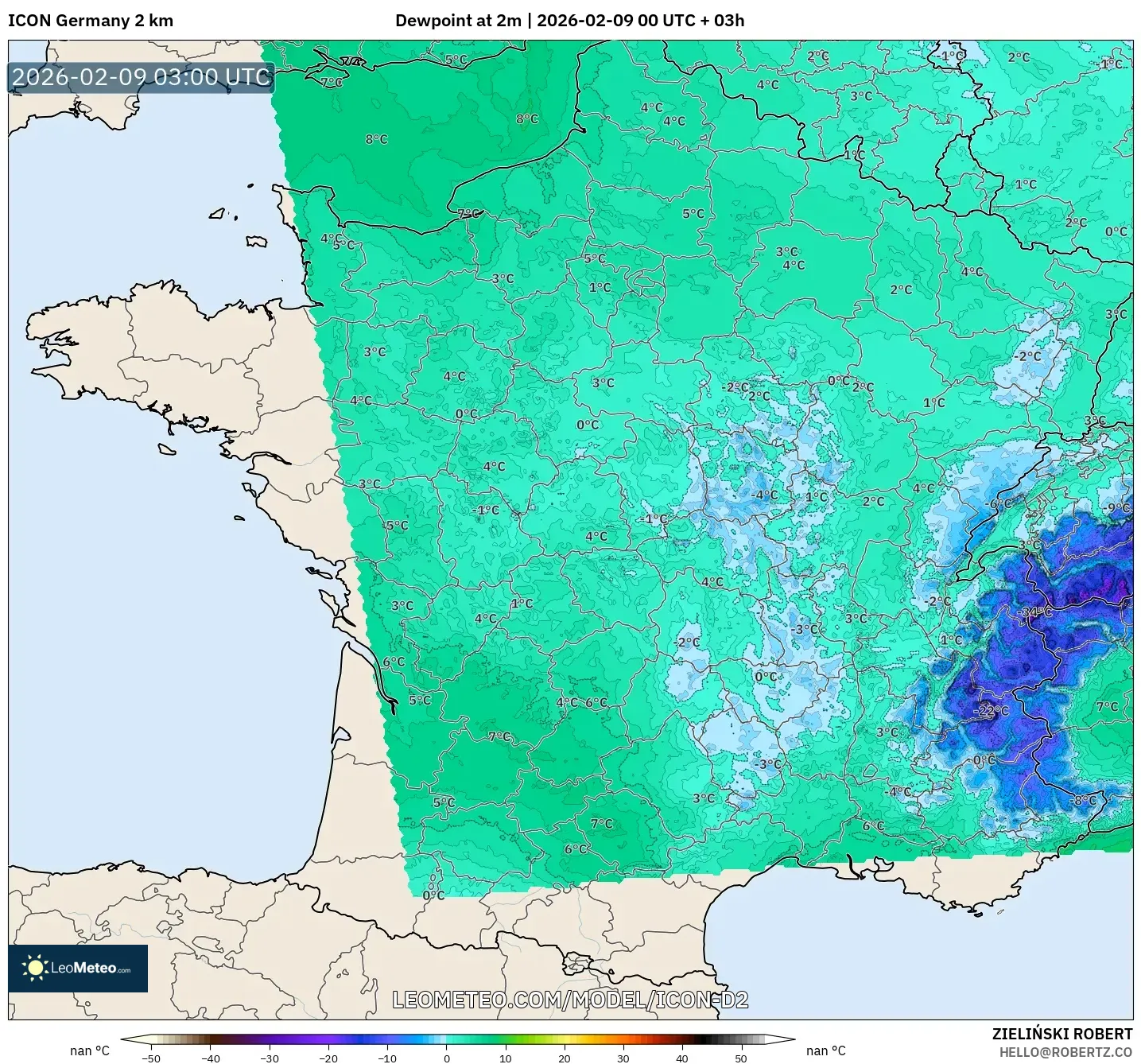 ICON Jerman 2 km model - Perancis, Takat Embun 2 m
