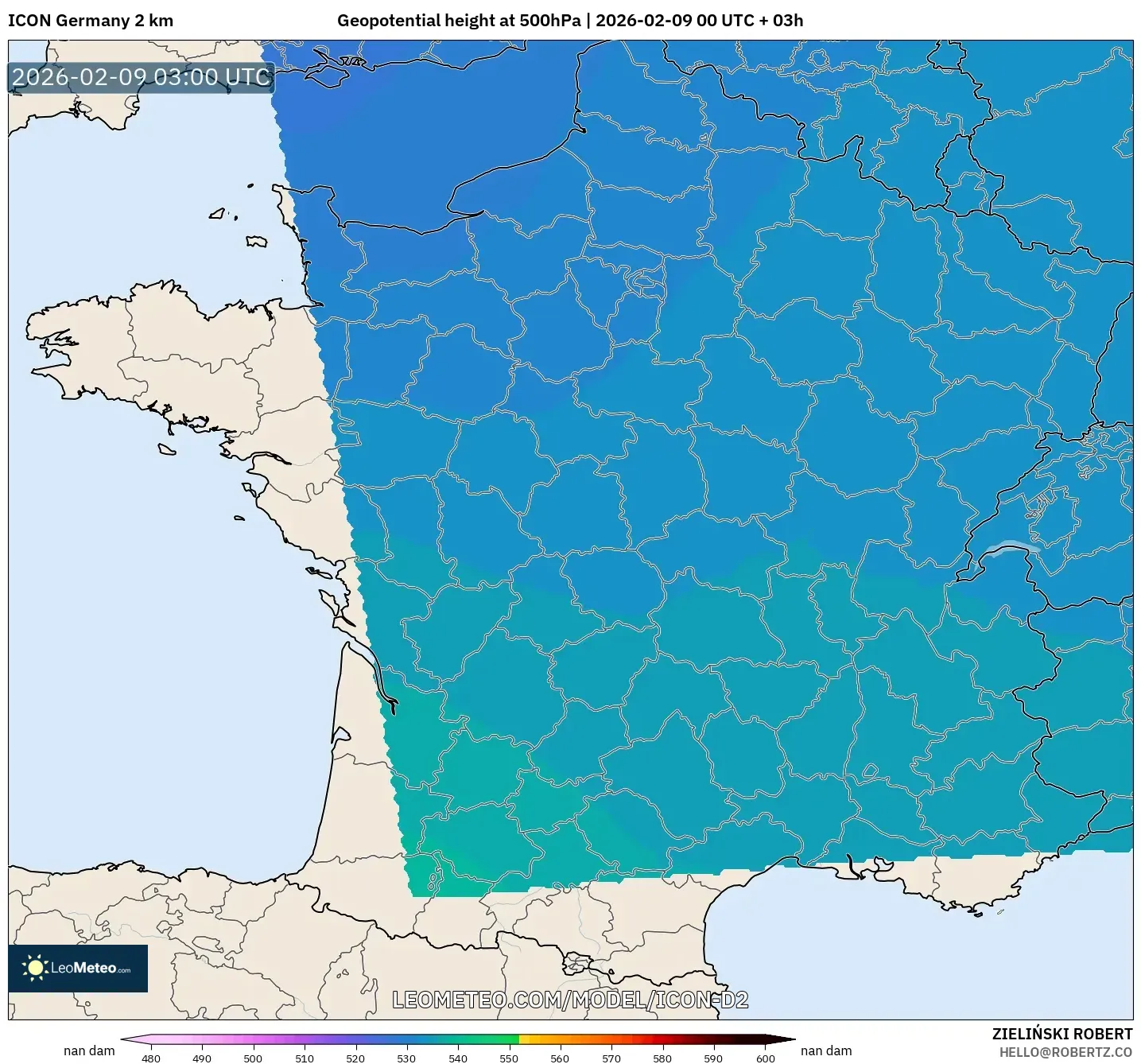 ICON Jerman 2 km model - Perancis, Ketinggian geopotensial pada 500 hPa