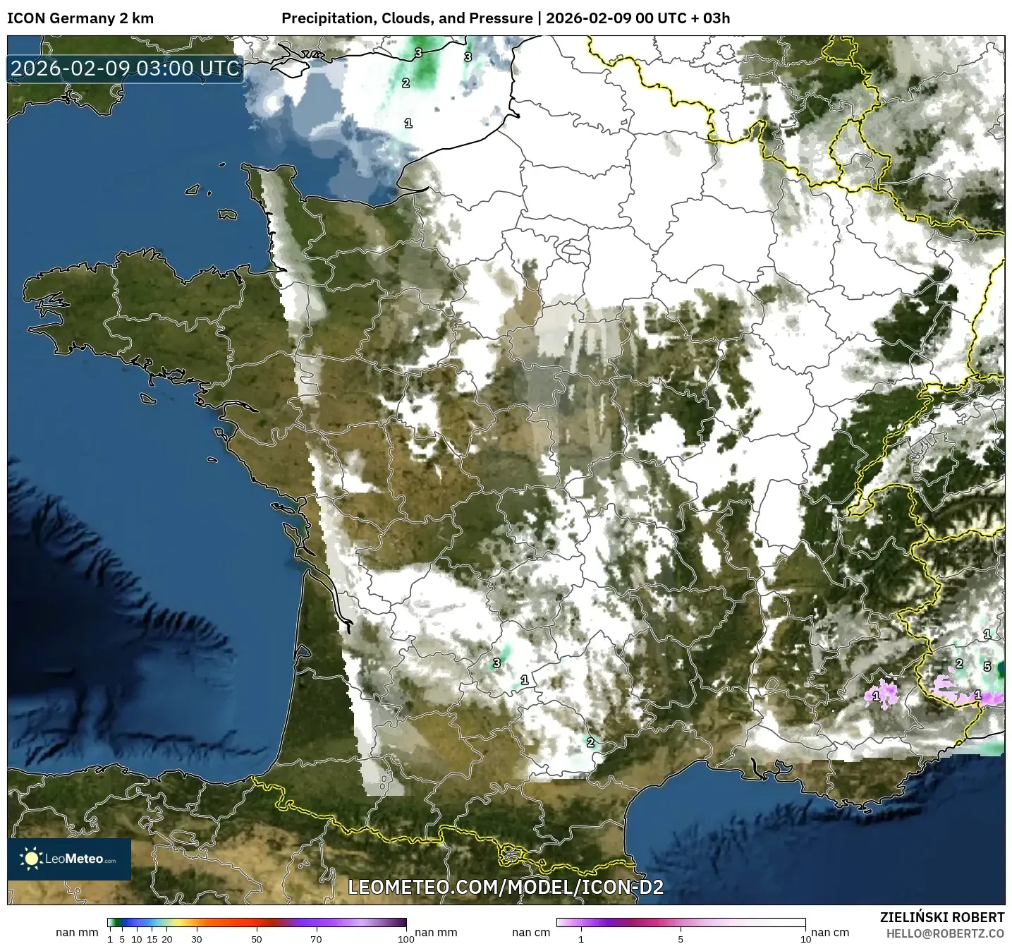 ICON Jerman 2 km model - Perancis, Hujan, Awan dan Tekanan