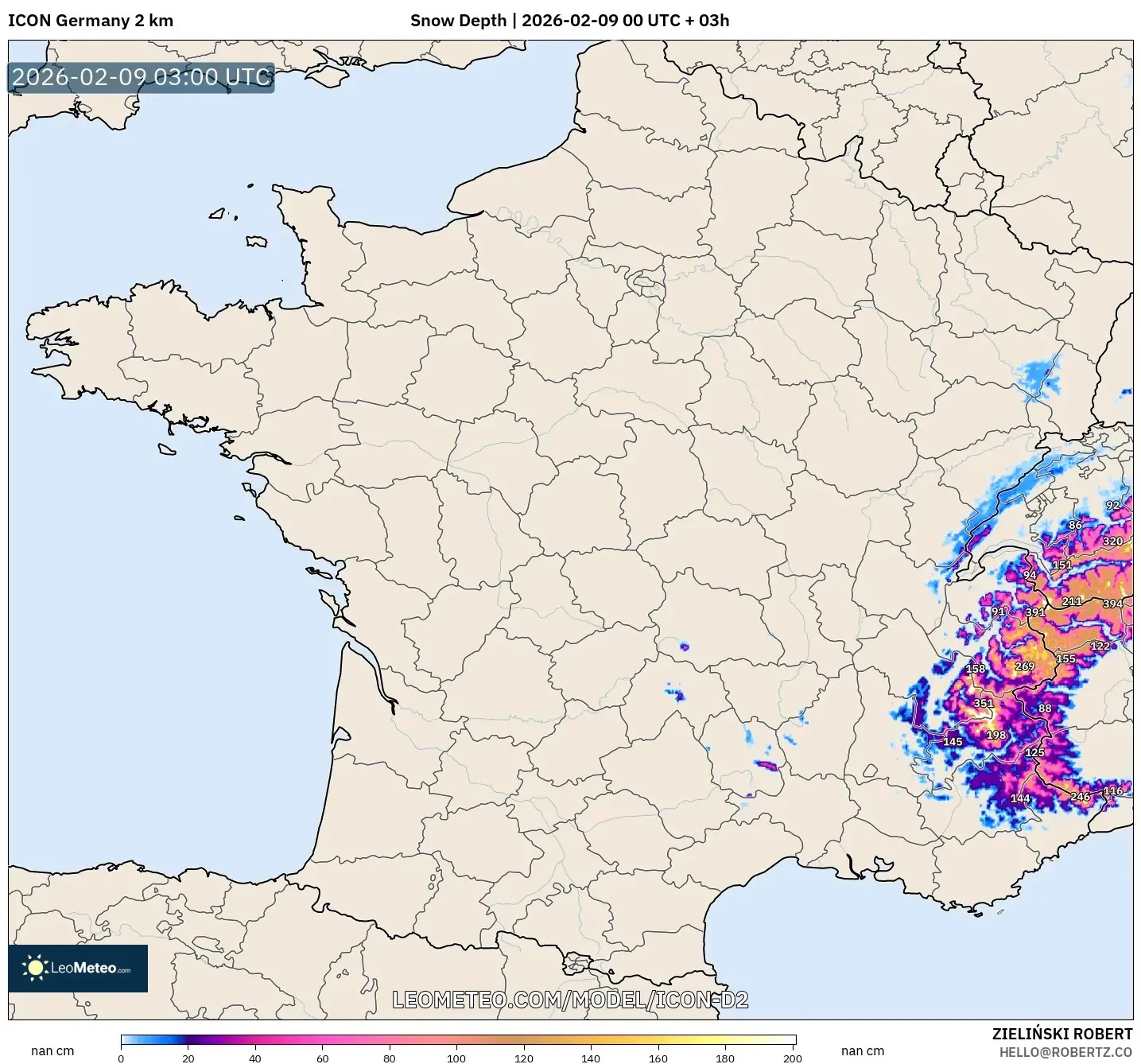 ICON Jerman 2 km model - Perancis, Ketebalan Salji