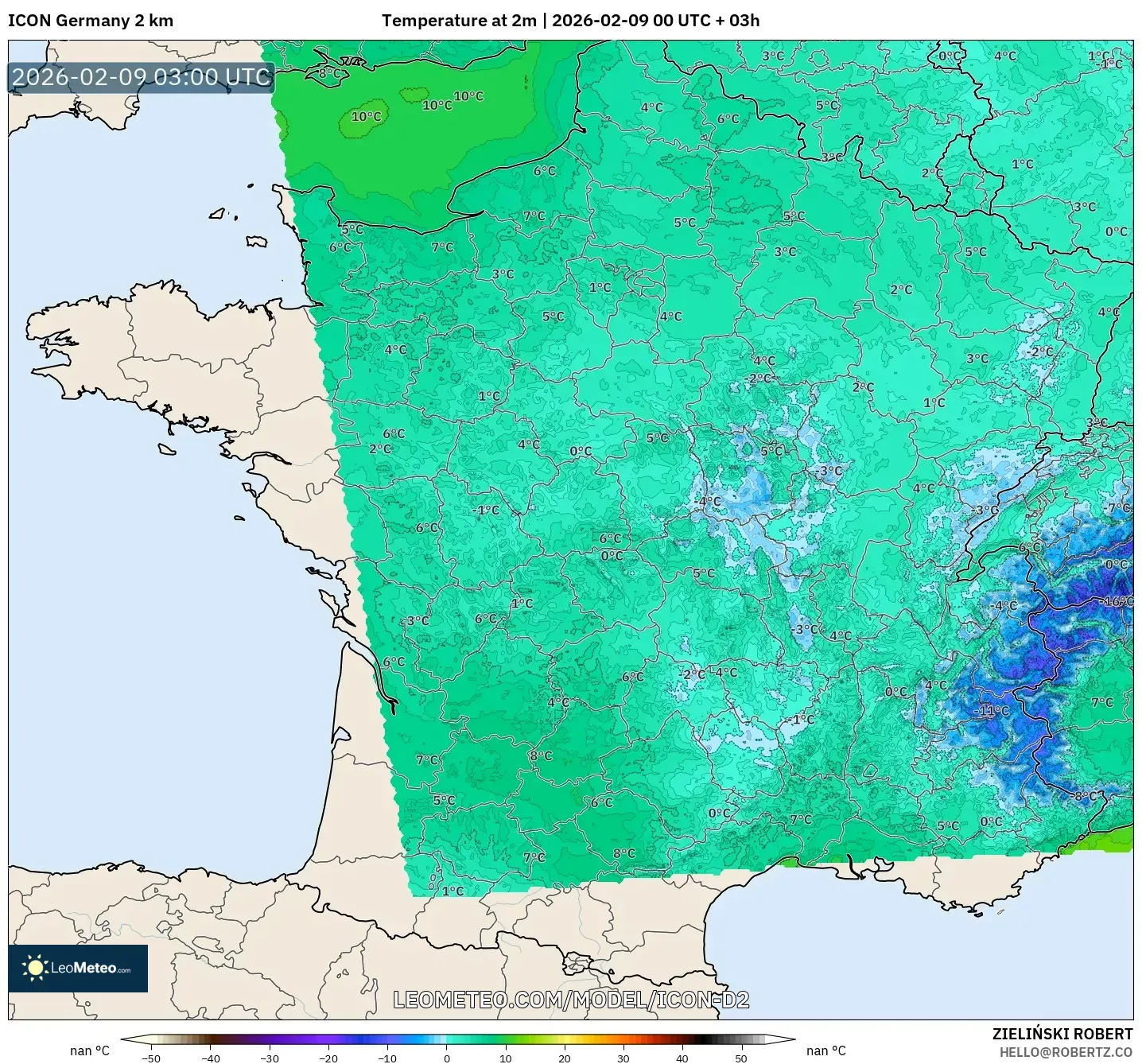ICON Jerman 2 km model - Perancis, Suhu pada 2 m