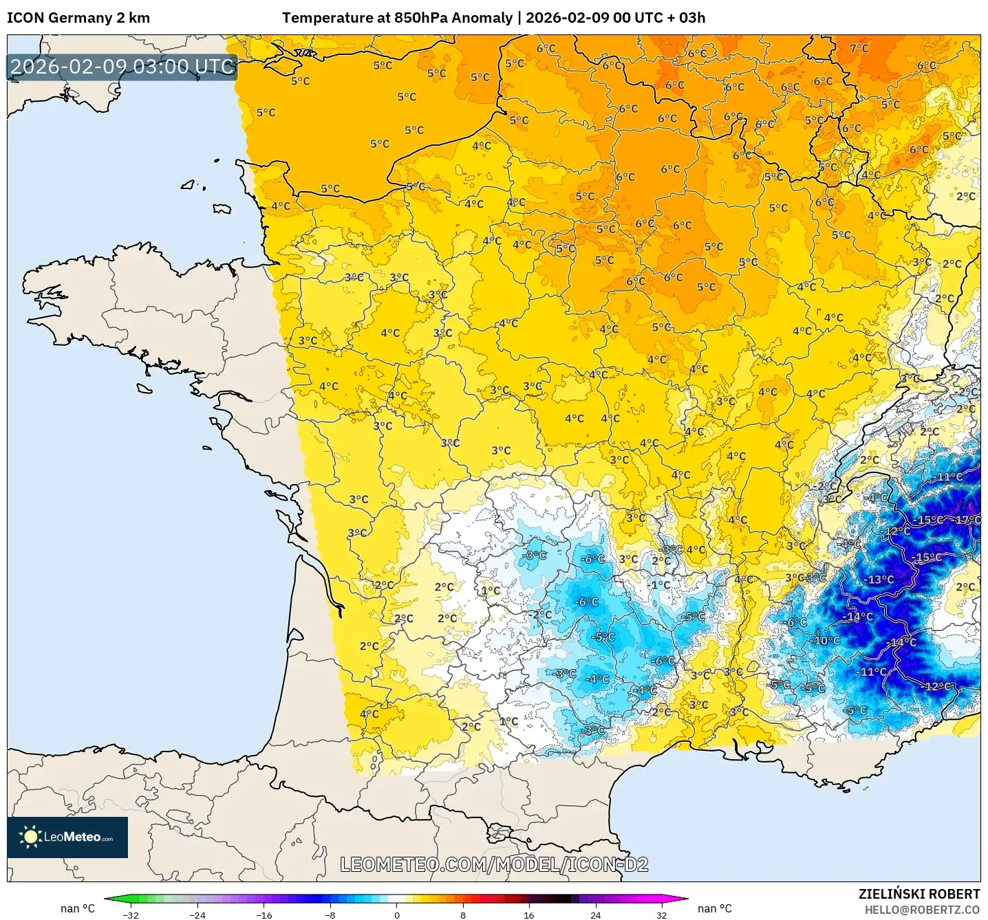 ICON Jerman 2 km model - Perancis, Anomali Suhu 850 hPa