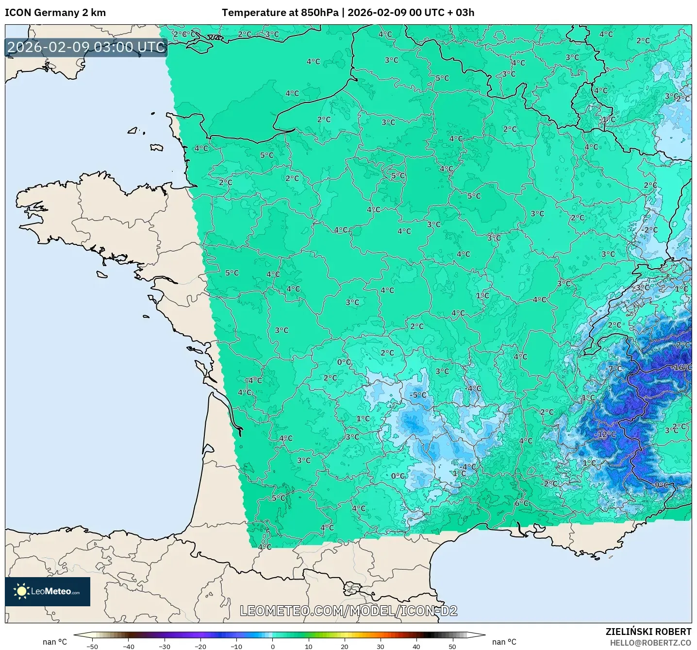 ICON Jerman 2 km model - Perancis, Suhu 850 hPa