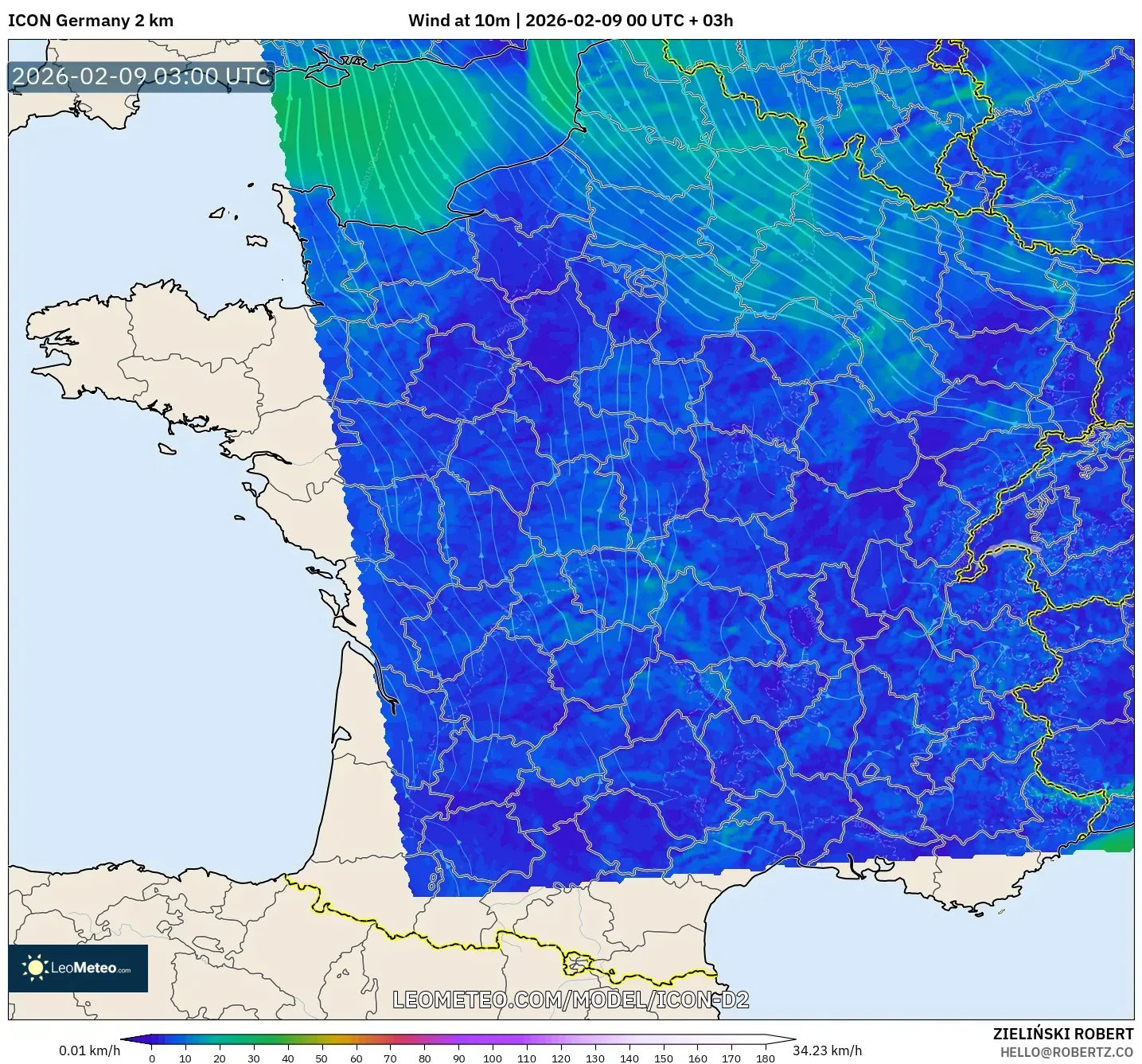 ICON Jerman 2 km model - Perancis, Angin 10 m