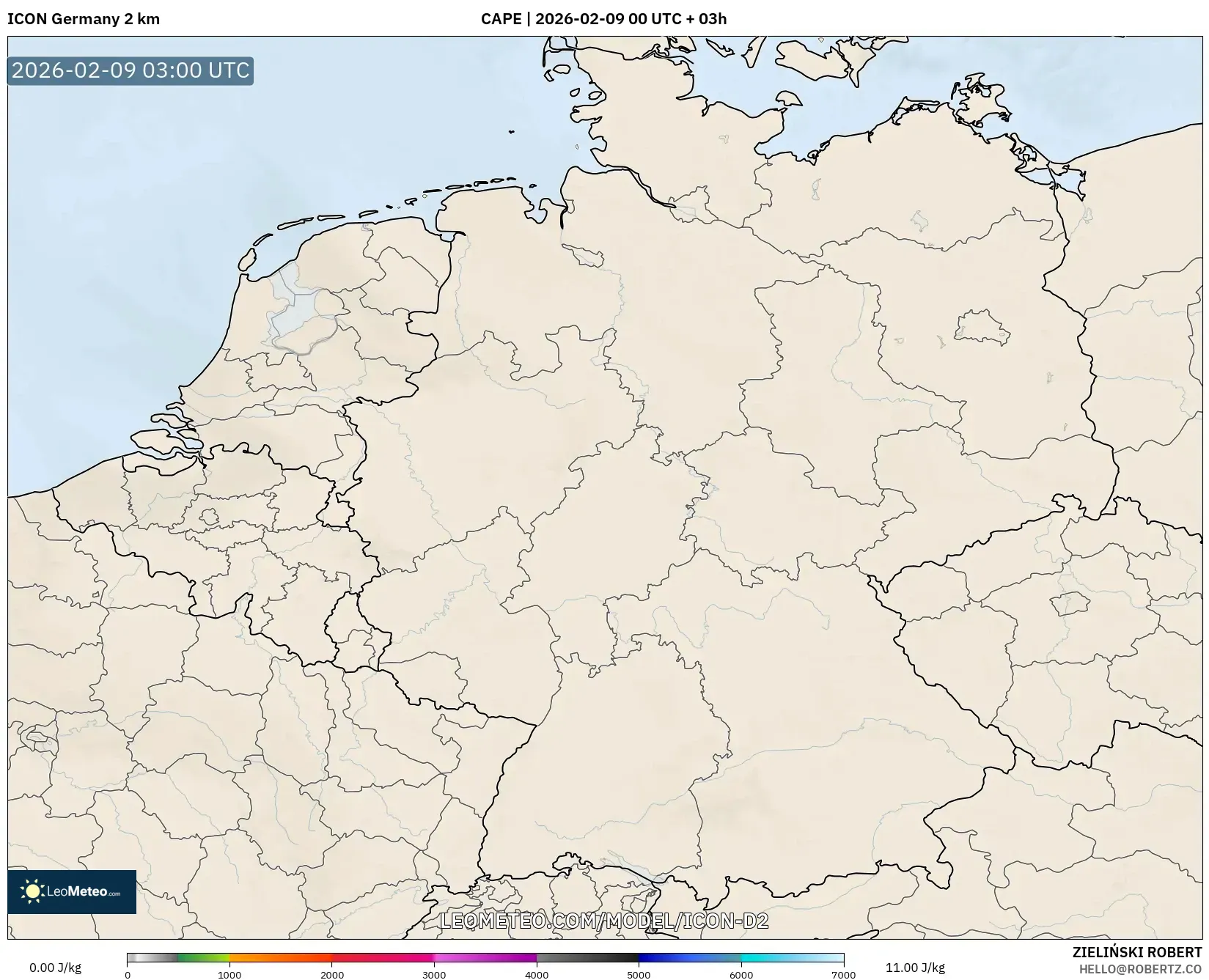 ICON Jerman 2 km model - Jerman, CAPE