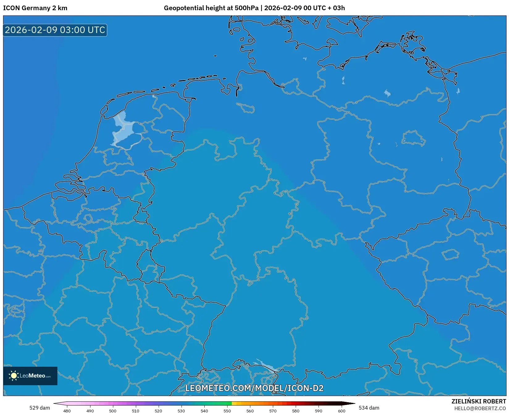 ICON Jerman 2 km model - Jerman, Ketinggian geopotensial pada 500 hPa
