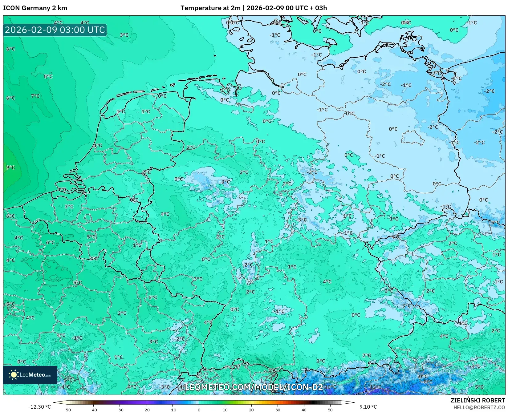 ICON Jerman 2 km model - Jerman, Suhu pada 2 m