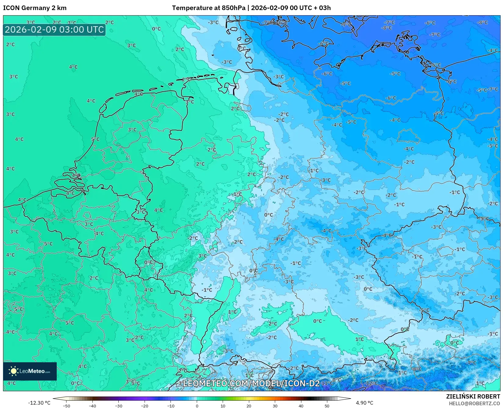 ICON Jerman 2 km model - Jerman, Suhu 850 hPa
