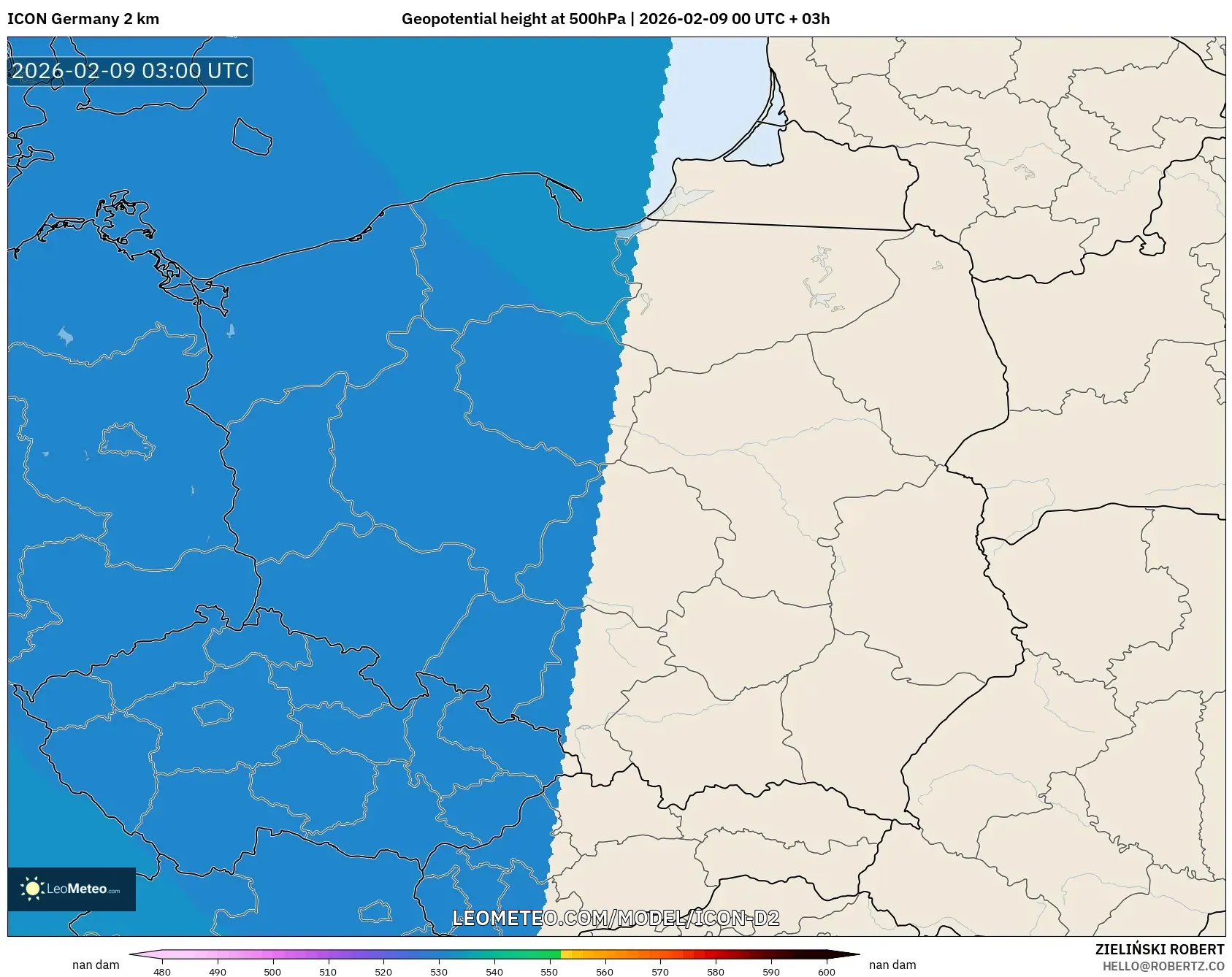 ICON Jerman 2 km model - Poland, Ketinggian geopotensial pada 500 hPa