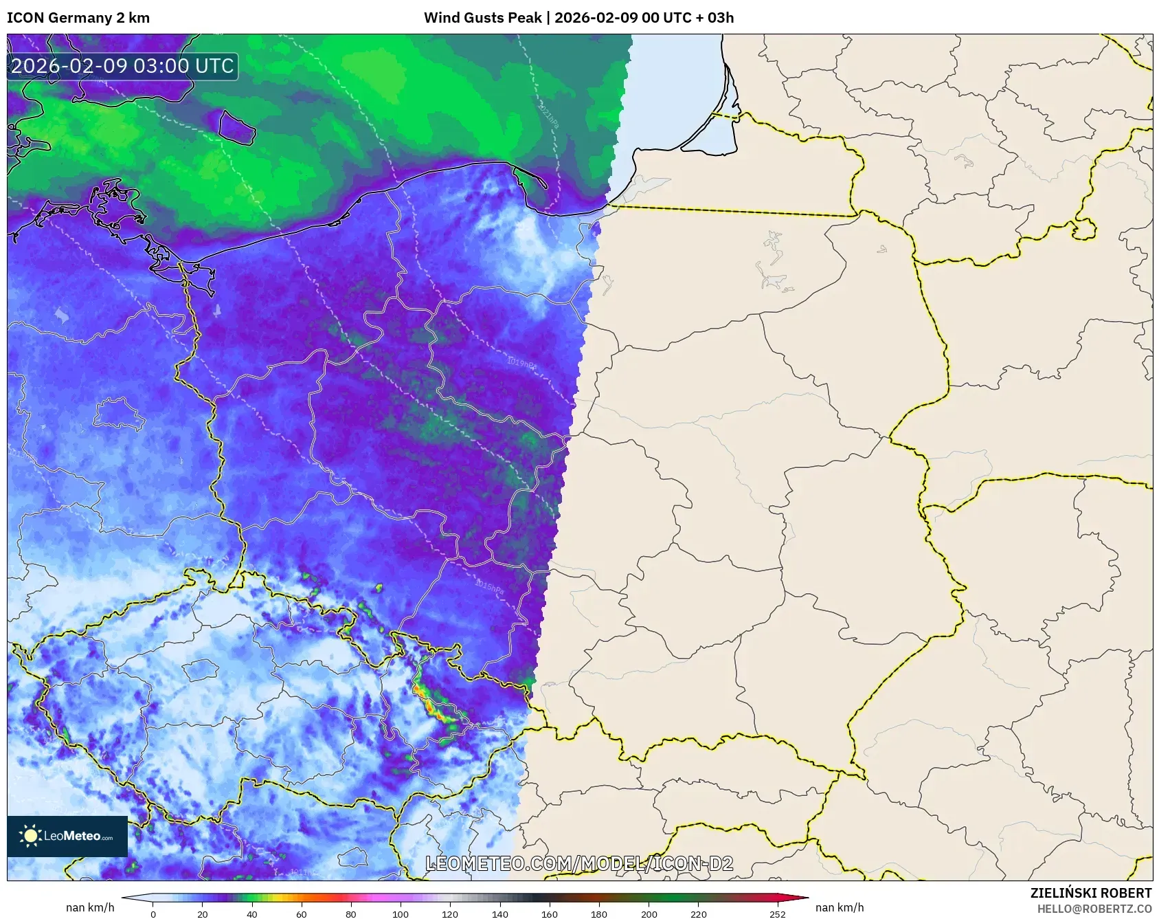 ICON Jerman 2 km model - Poland, Hembusan Tertinggi