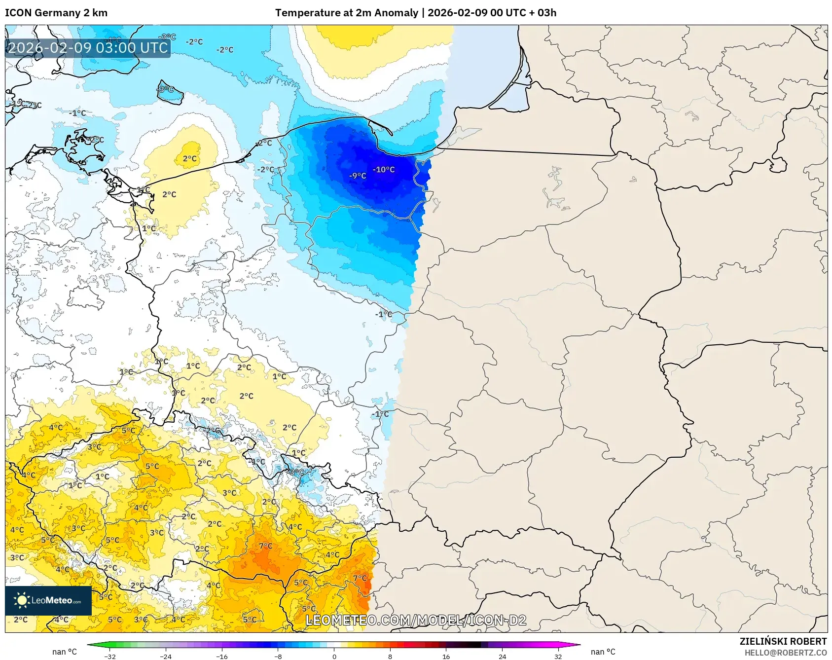 ICON Jerman 2 km model - Poland, Anomali Suhu 2 m