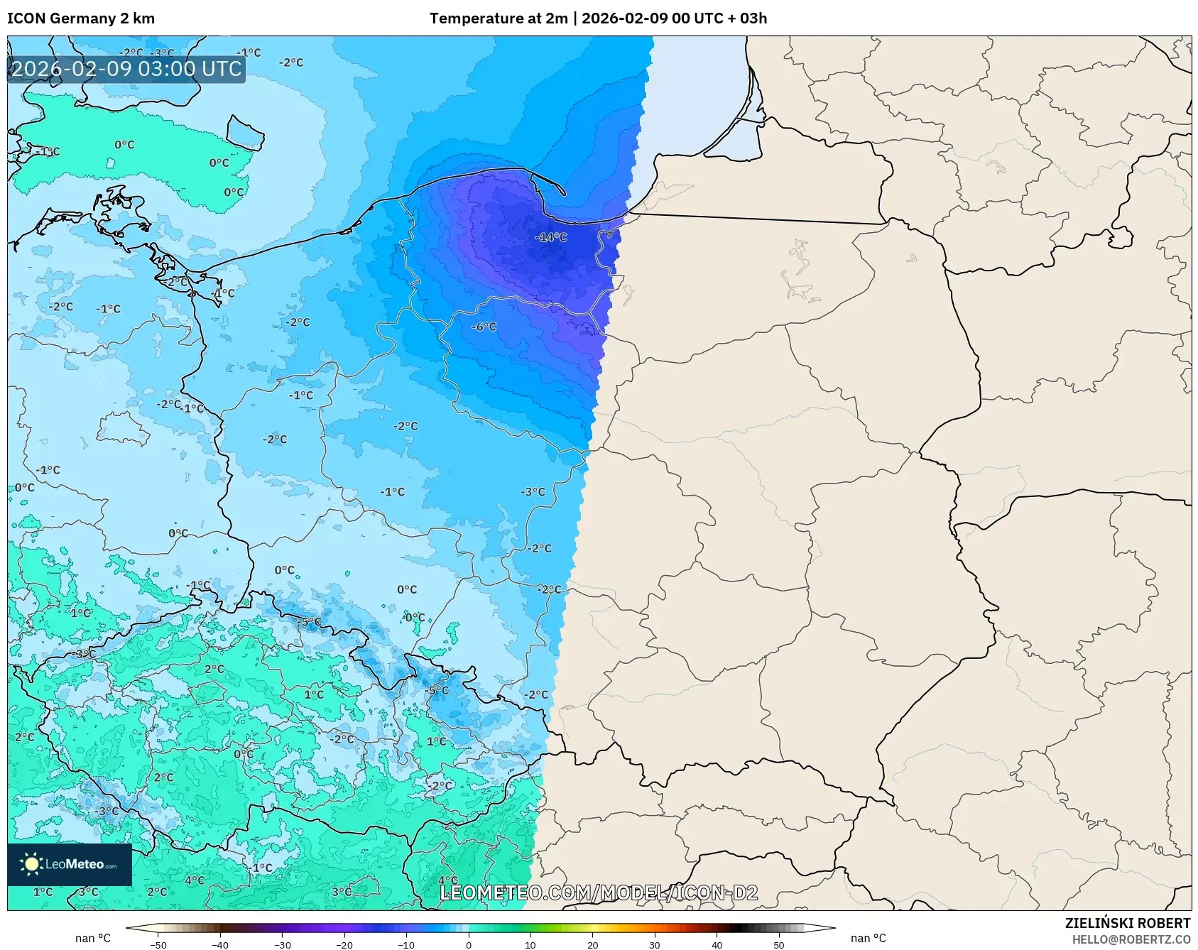 ICON Jerman 2 km model - Poland, Suhu pada 2 m