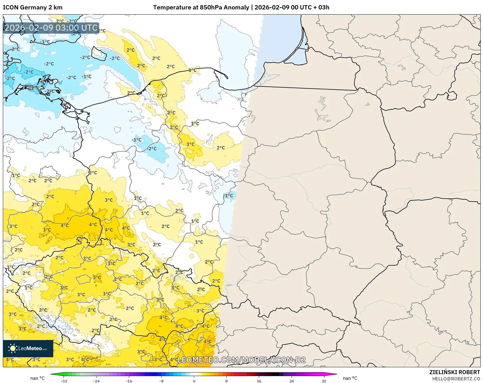 ICON Jerman 2 km model - Poland, Anomali Suhu 850 hPa