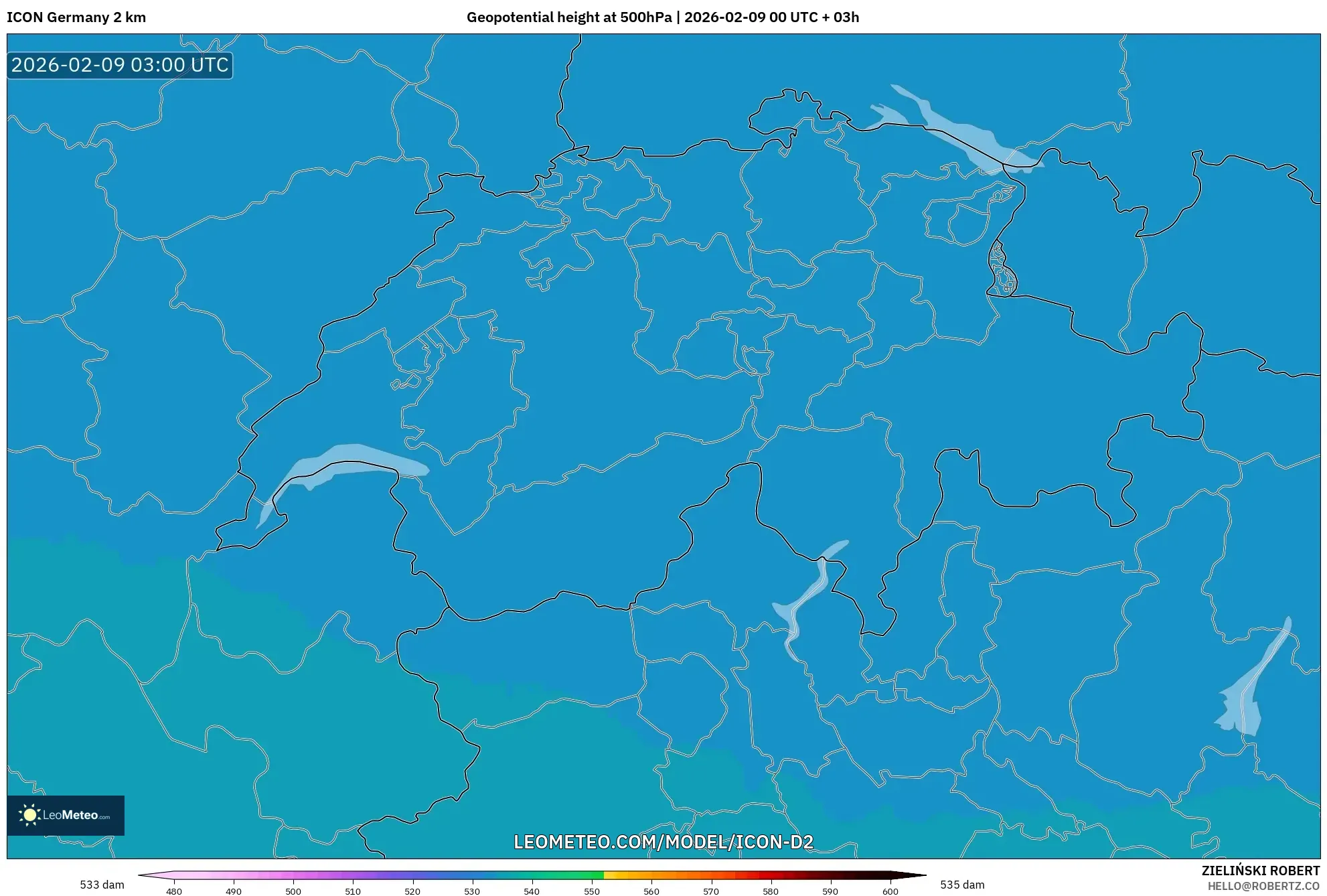 ICON Jerman 2 km model - Switzerland, Ketinggian geopotensial pada 500 hPa