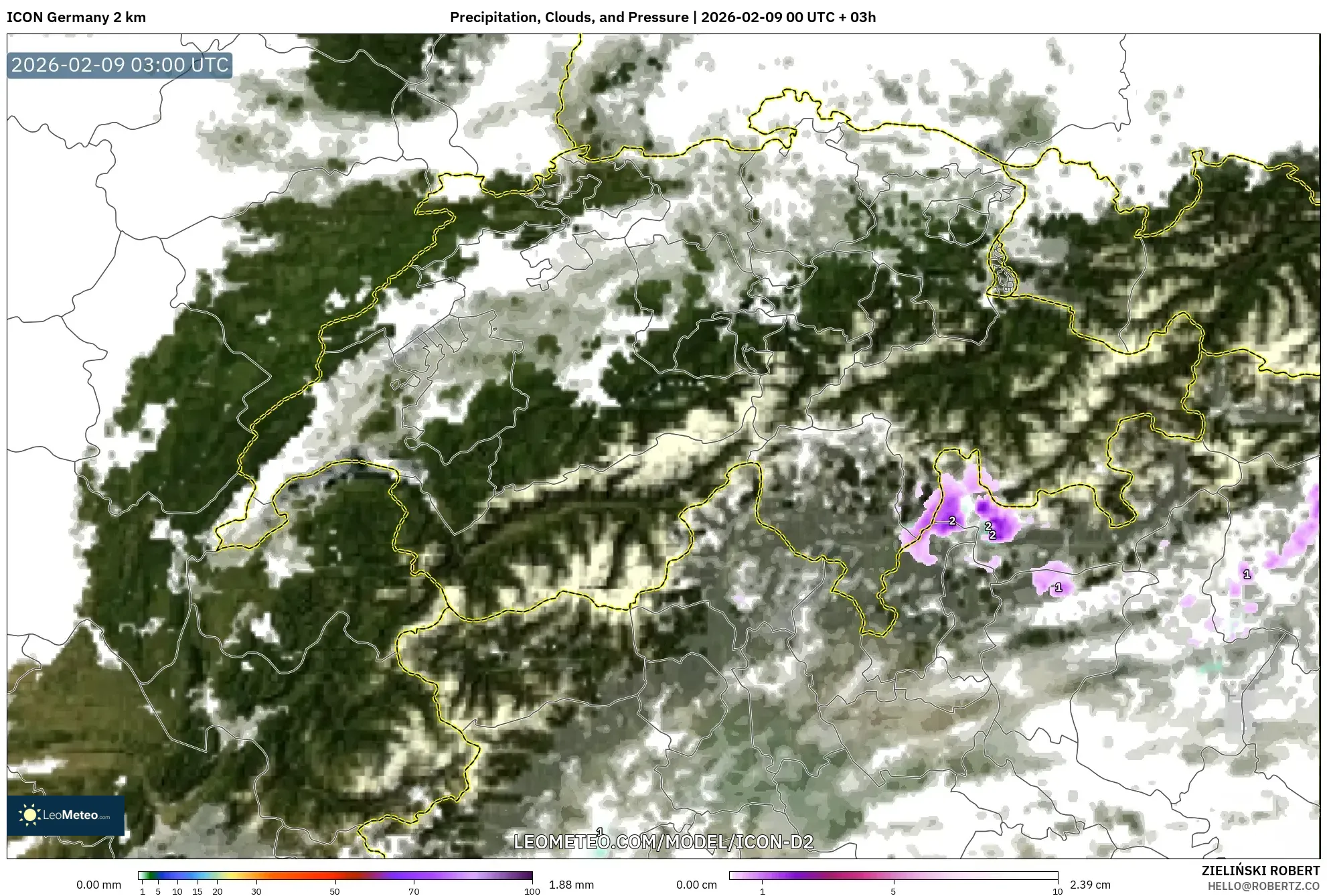 ICON Jerman 2 km model - Switzerland, Hujan, Awan dan Tekanan