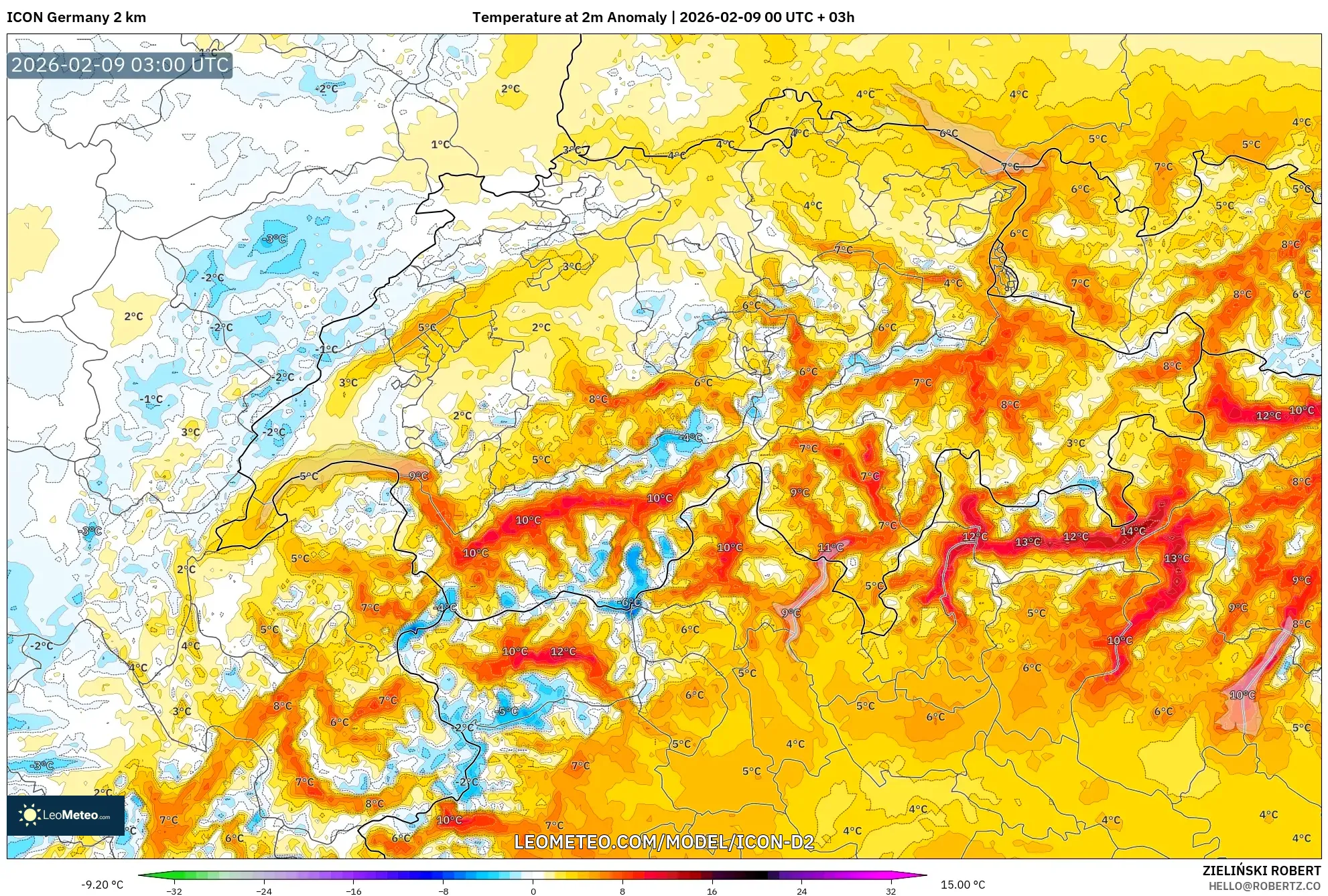ICON Jerman 2 km model - Switzerland, Anomali Suhu 2 m