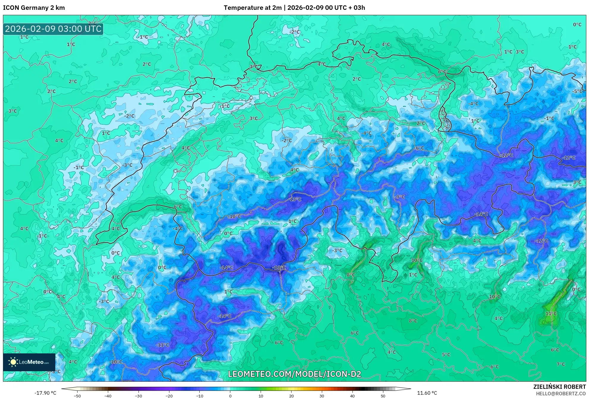 ICON Jerman 2 km model - Switzerland, Suhu pada 2 m