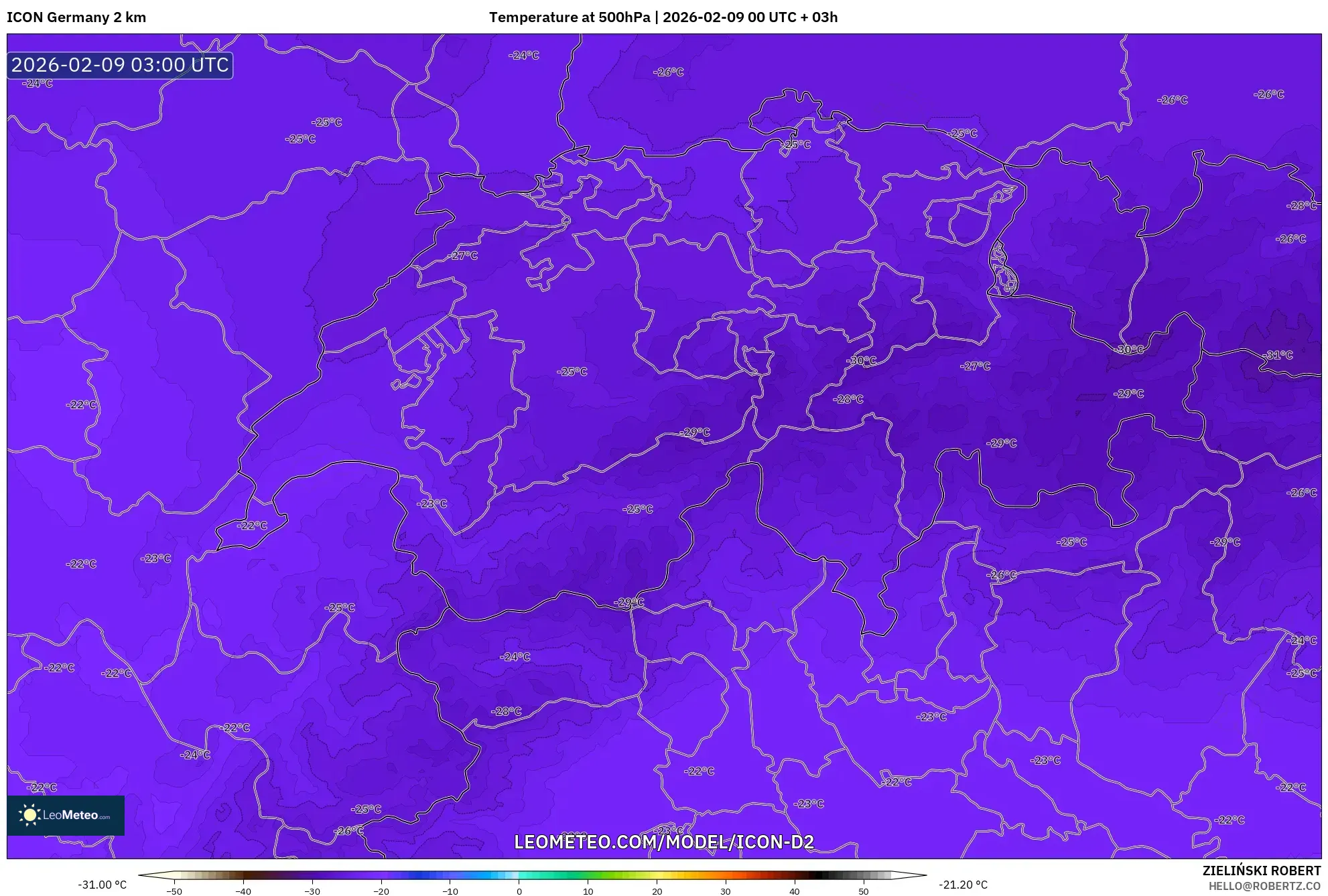 ICON Jerman 2 km model - Switzerland, Suhu 500 hPa
