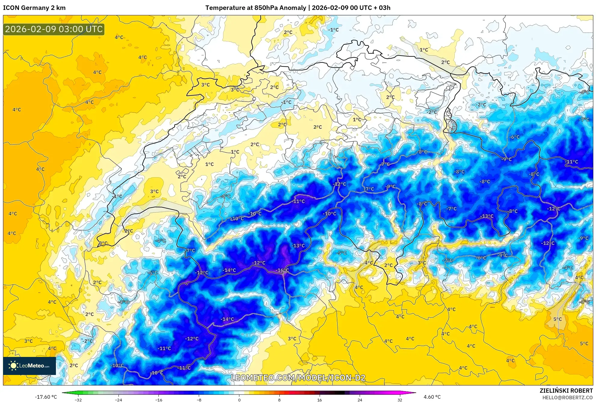 ICON Jerman 2 km model - Switzerland, Anomali Suhu 850 hPa