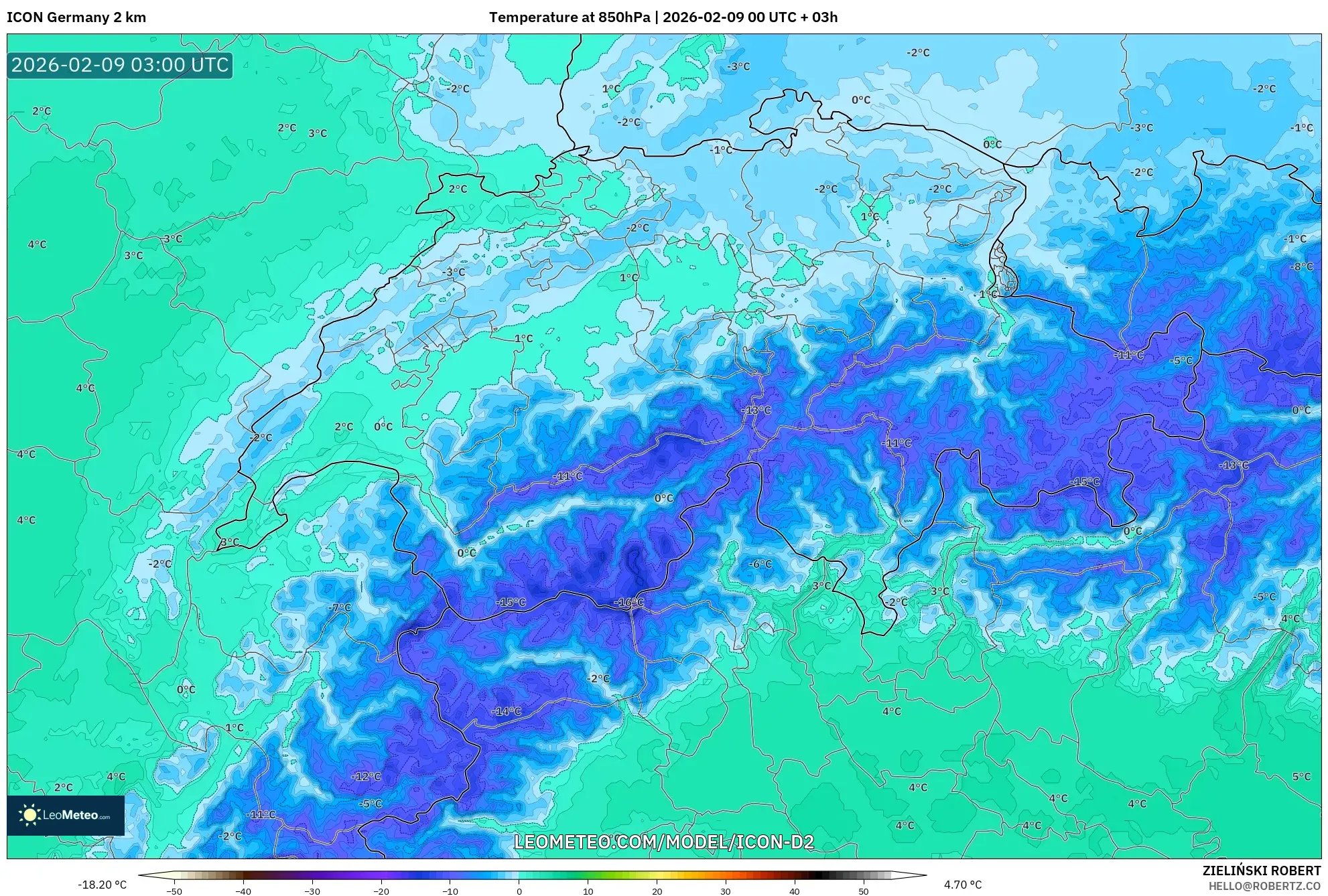 ICON Jerman 2 km model - Switzerland, Suhu 850 hPa