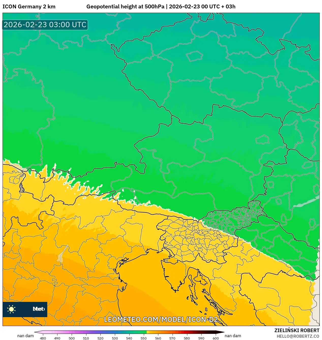ICON ألمانيا 2 كم model - النمسا, الارتفاع الجهدي عند 500 هكتوباسكال