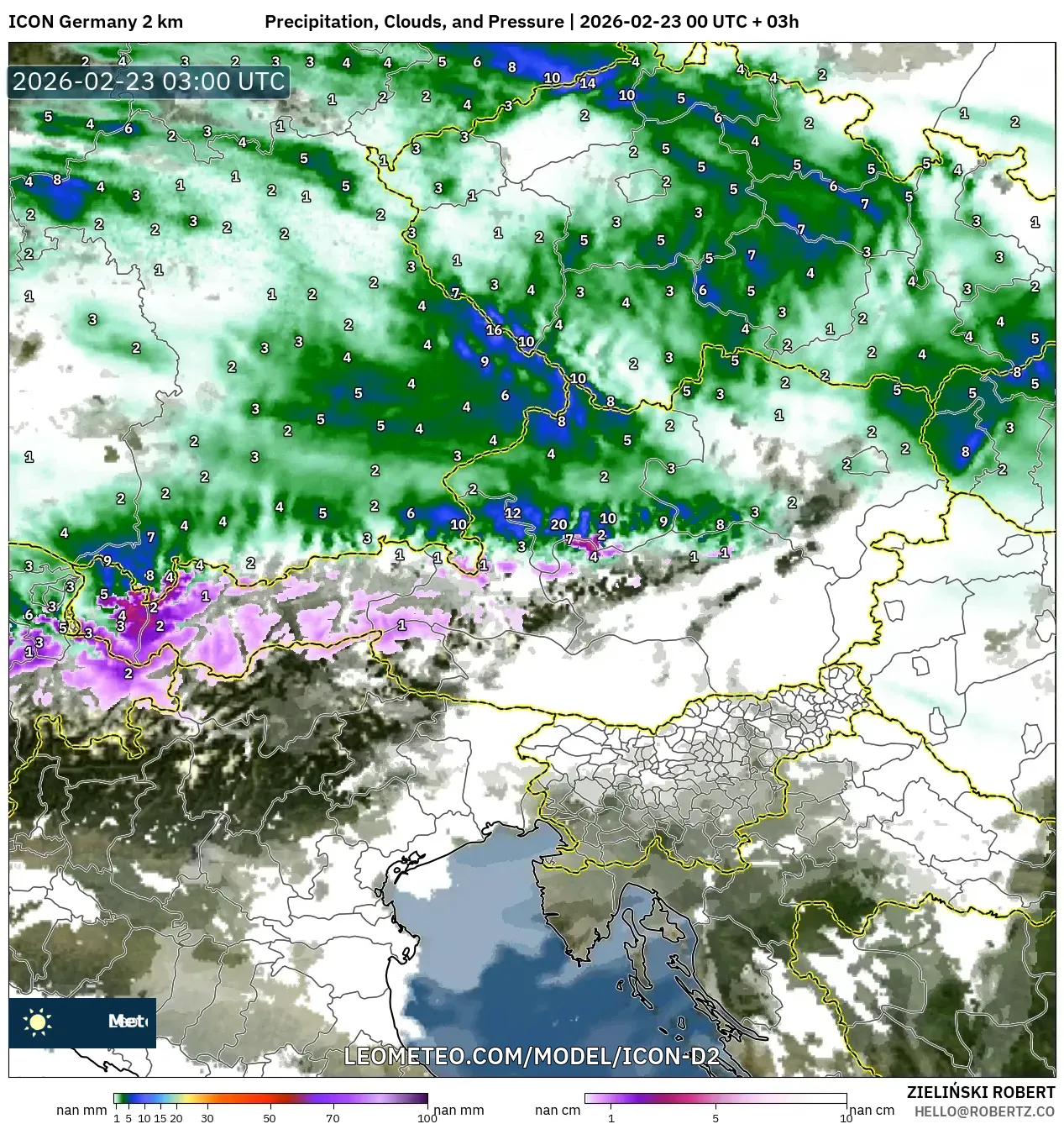 ICON ألمانيا 2 كم model - النمسا, الهطول والغيوم والضغط