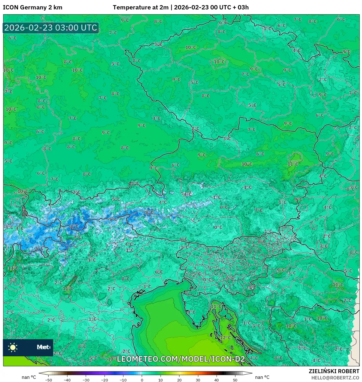 ICON ألمانيا 2 كم model - النمسا, درجة الحرارة على ارتفاع 2 م