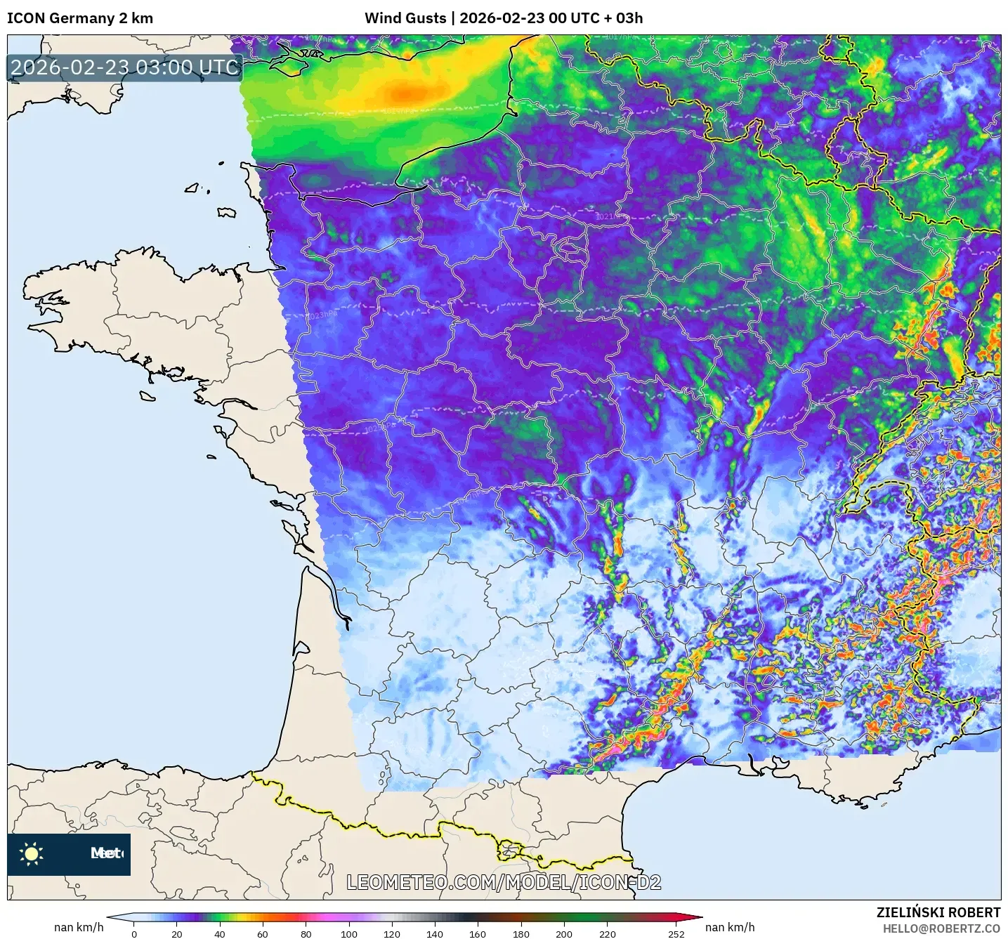 ICON ألمانيا 2 كم model - فرنسا, هبات الرياح