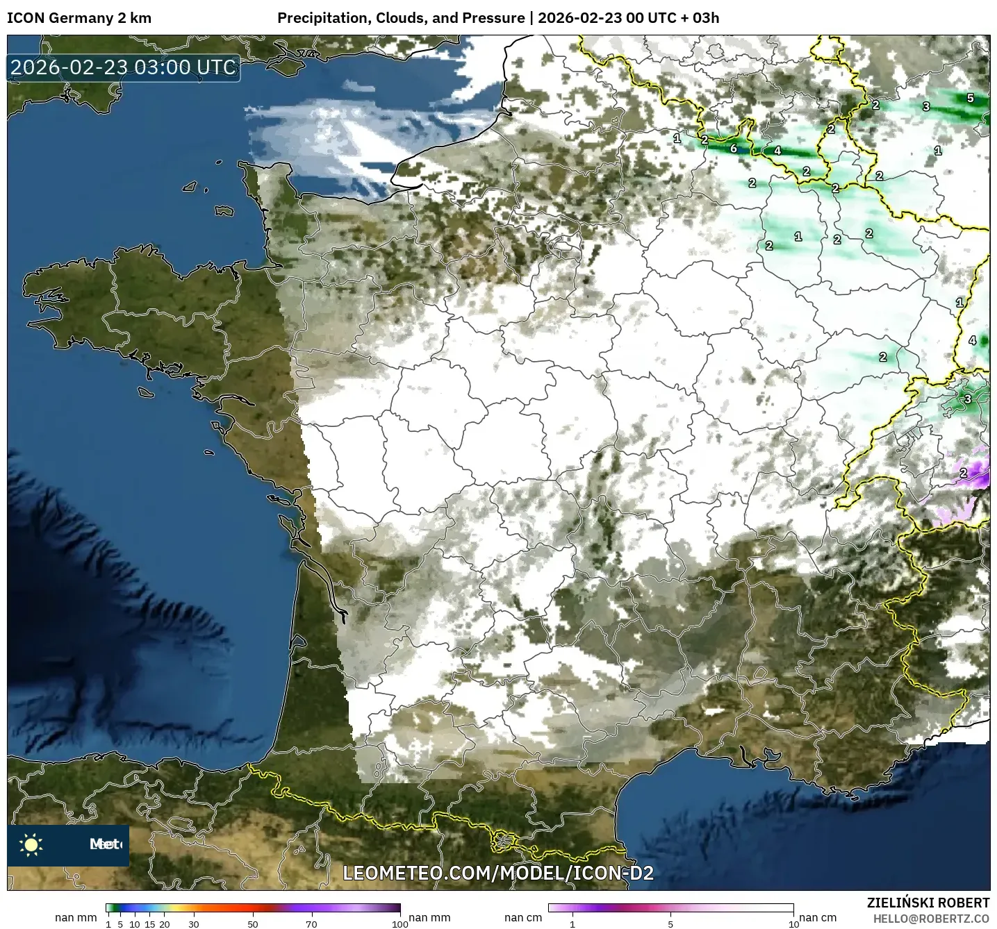 ICON ألمانيا 2 كم model - فرنسا, الهطول والغيوم والضغط