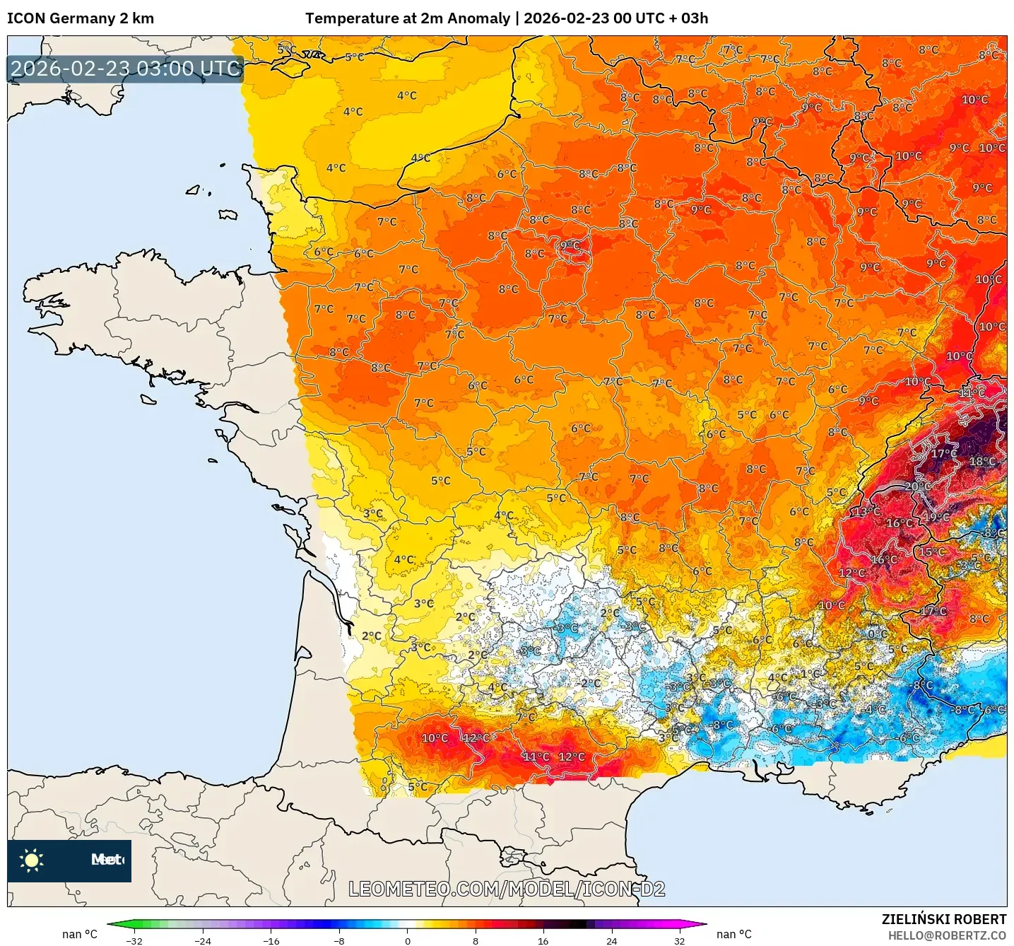 ICON ألمانيا 2 كم model - فرنسا, انحراف درجة الحرارة 2 م