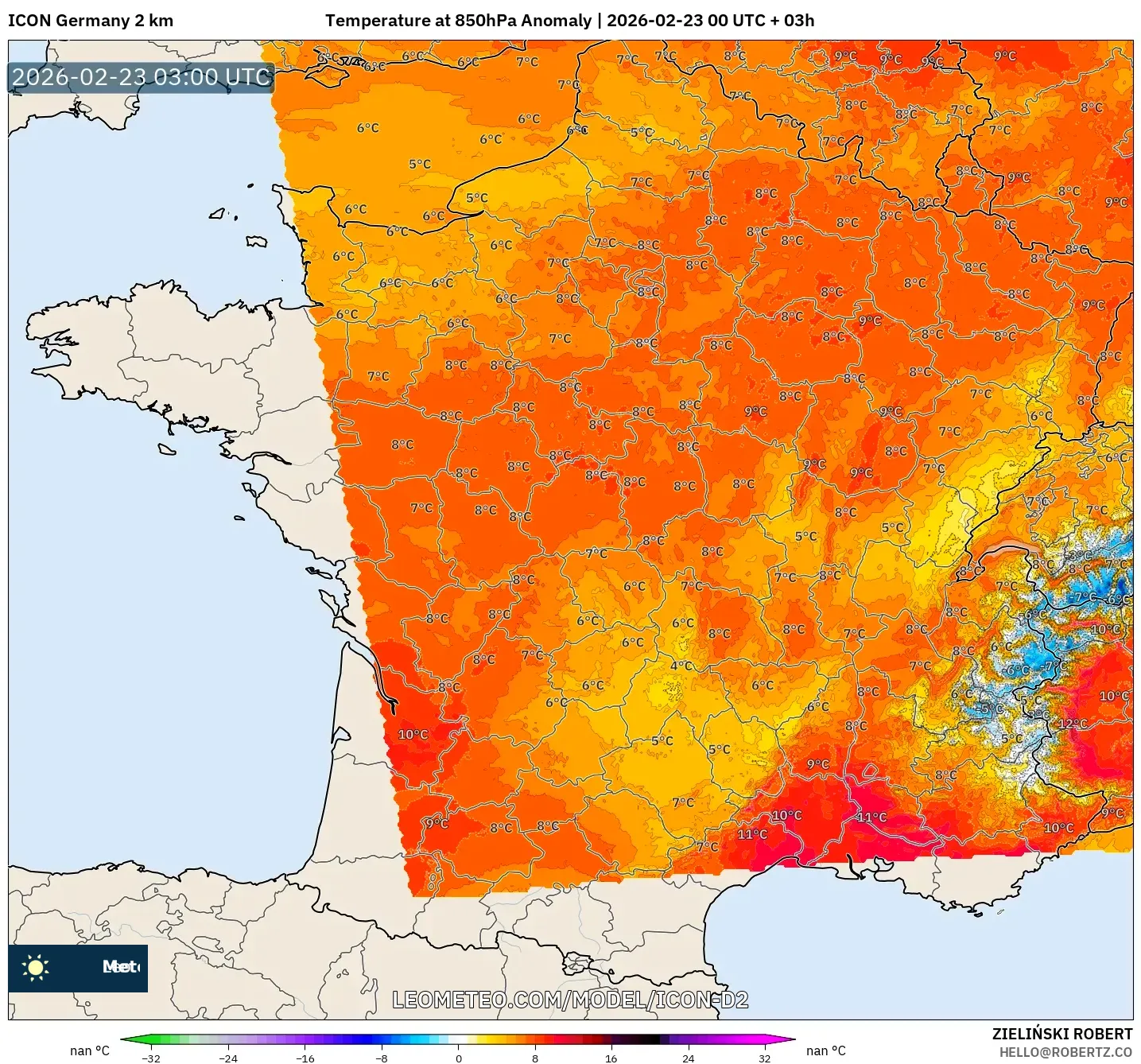 ICON ألمانيا 2 كم model - فرنسا, انحراف درجة الحرارة 850 hPa