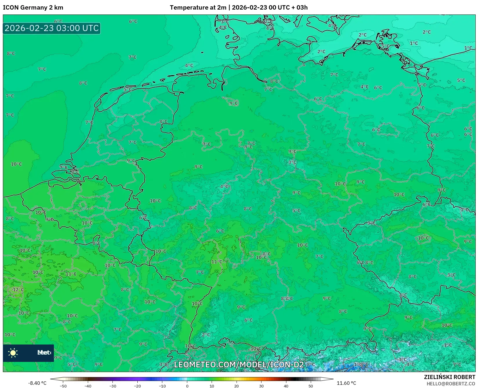 ICON ألمانيا 2 كم model - ألمانيا, درجة الحرارة على ارتفاع 2 م