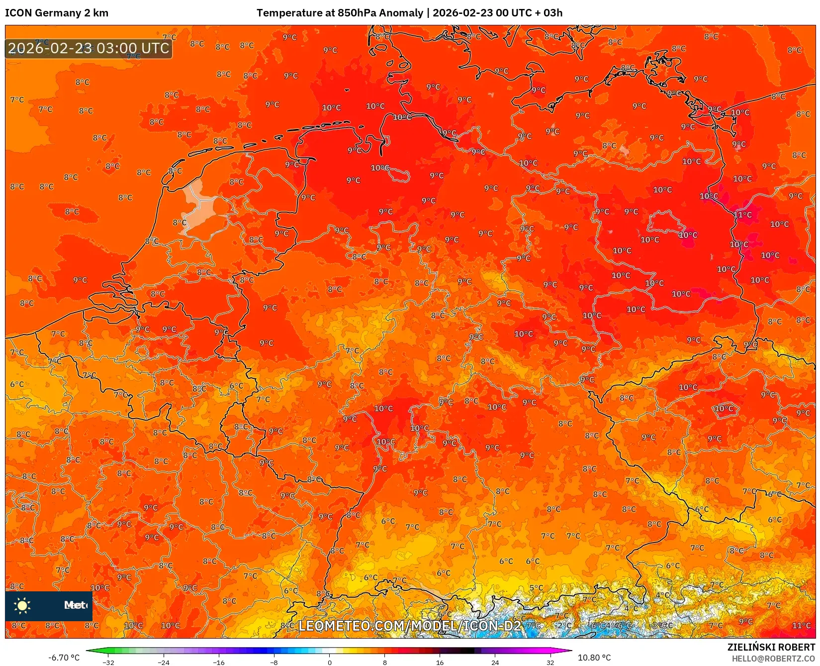 ICON ألمانيا 2 كم model - ألمانيا, انحراف درجة الحرارة 850 hPa