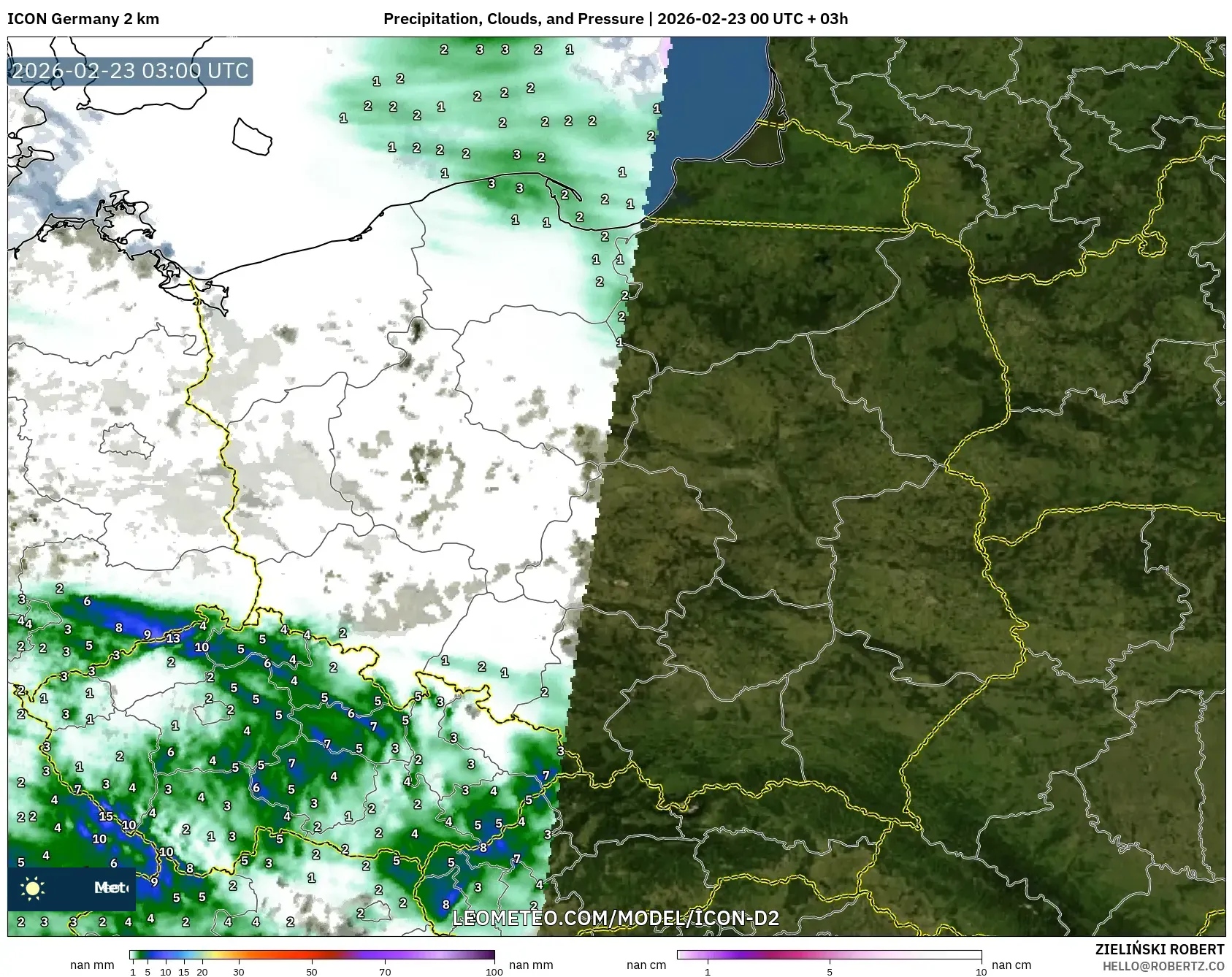 ICON ألمانيا 2 كم model - بولندا, الهطول والغيوم والضغط