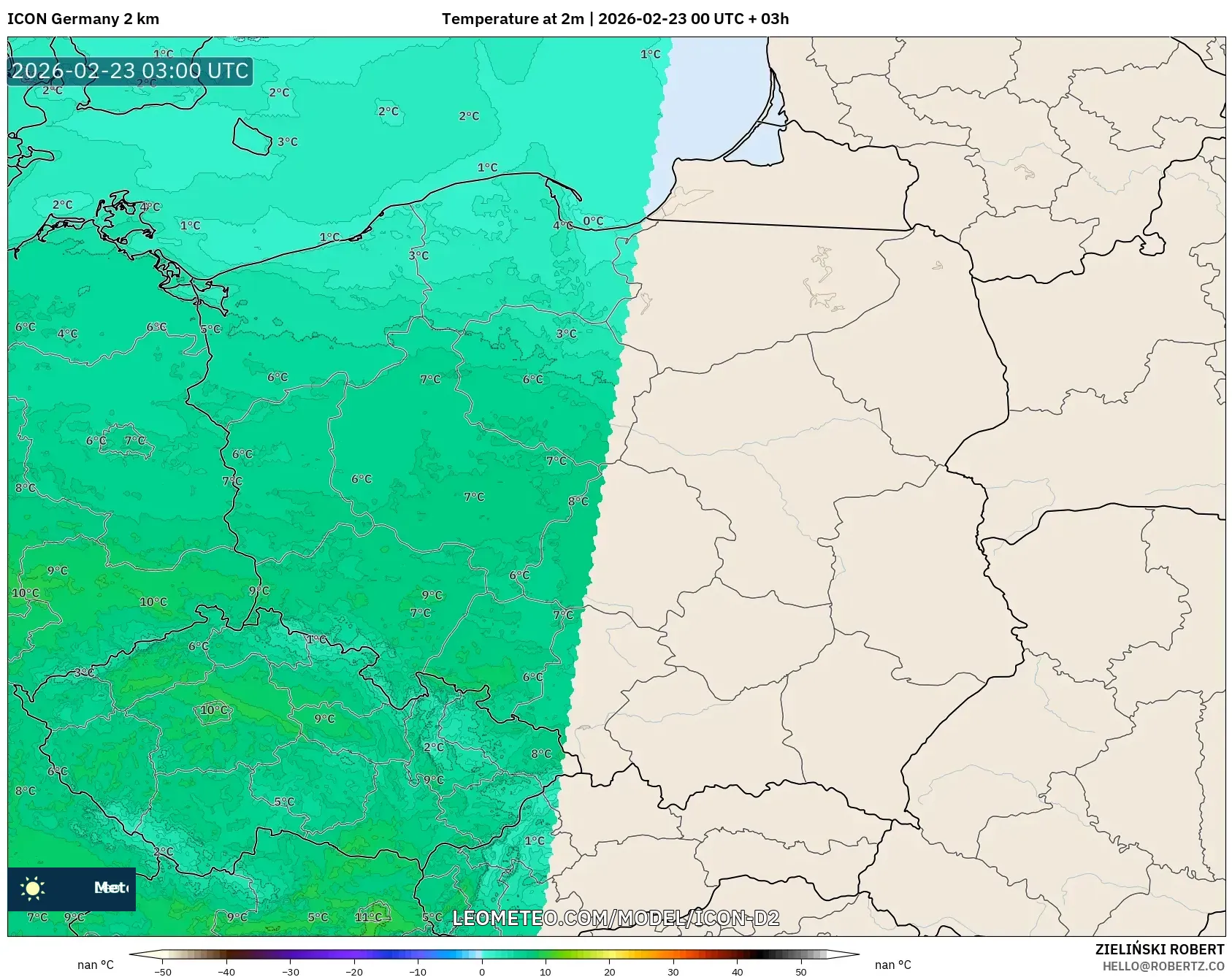 ICON ألمانيا 2 كم model - بولندا, درجة الحرارة على ارتفاع 2 م
