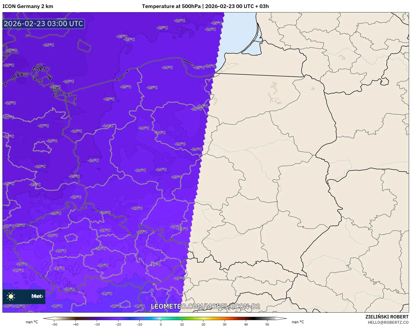 ICON ألمانيا 2 كم model - بولندا, درجة الحرارة 500 hPa