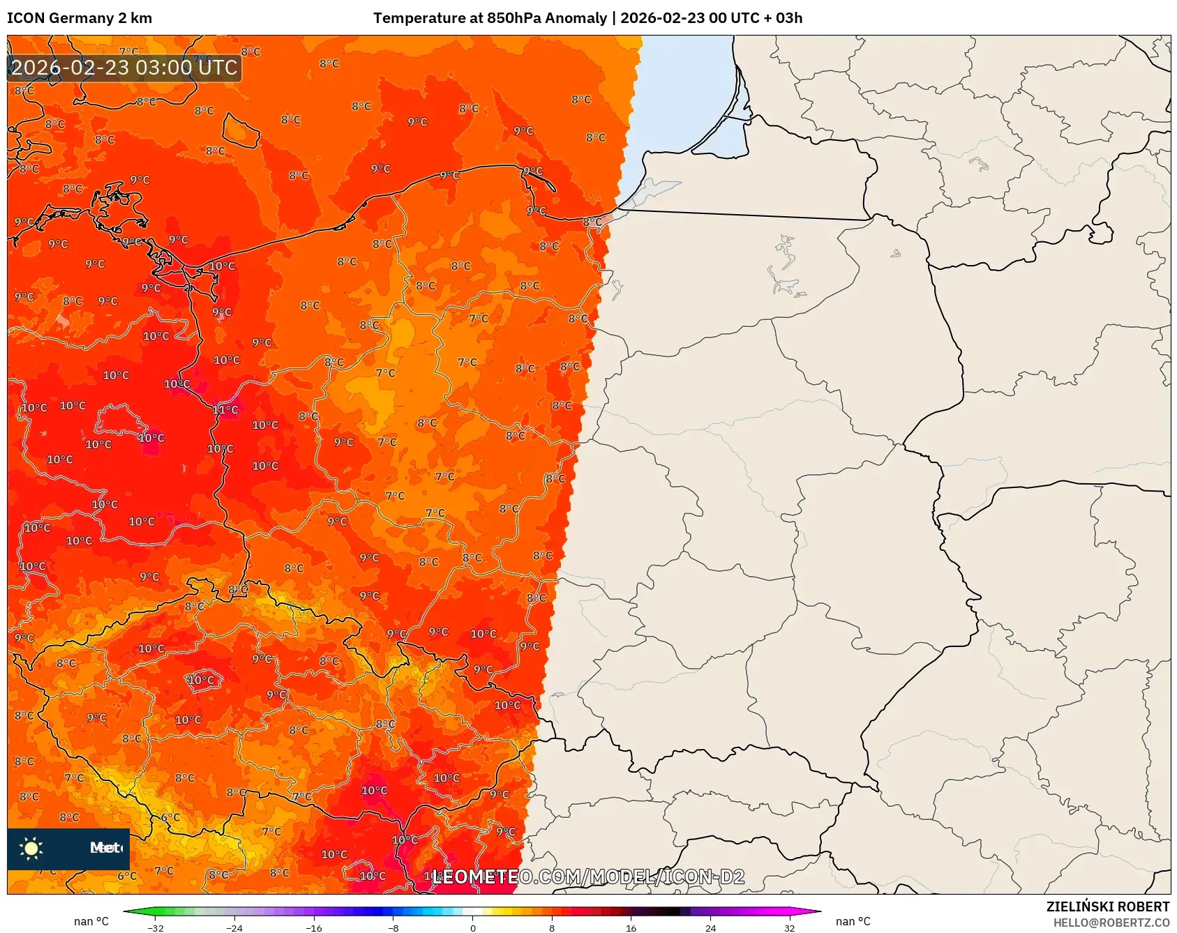 ICON ألمانيا 2 كم model - بولندا, انحراف درجة الحرارة 850 hPa