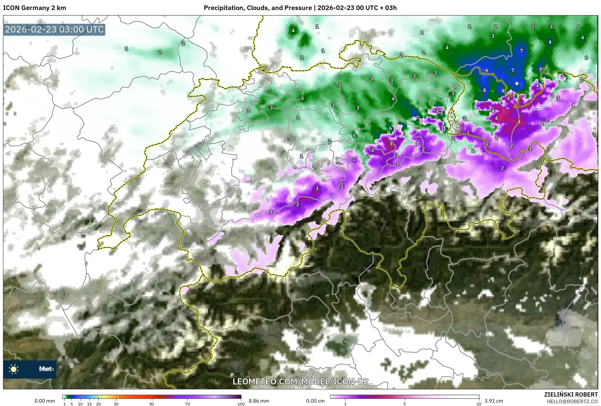 ICON ألمانيا 2 كم model - سويسرا, الهطول والغيوم والضغط