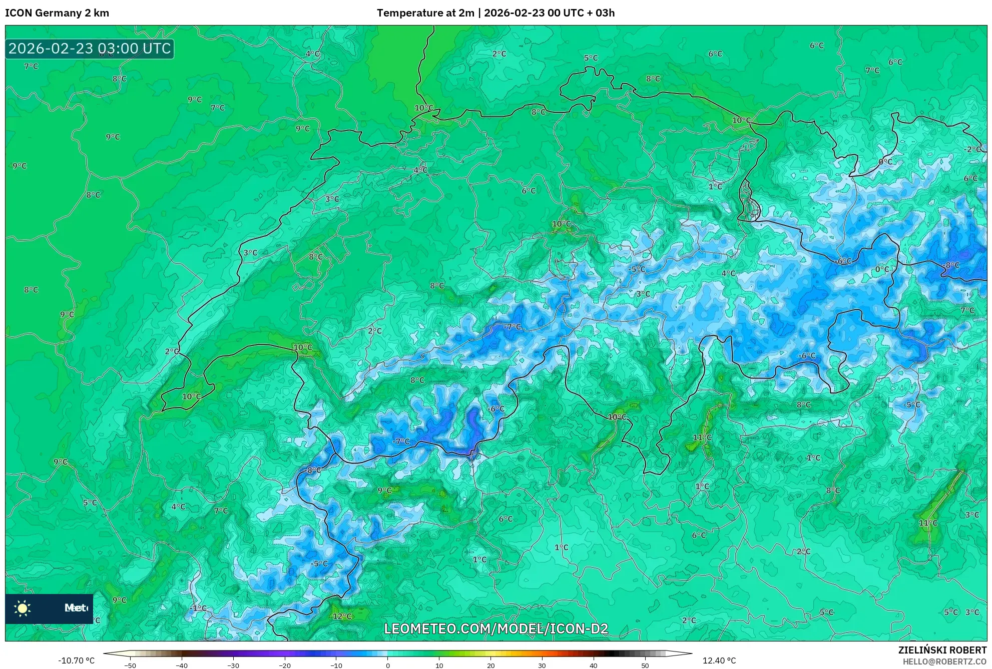 ICON ألمانيا 2 كم model - سويسرا, درجة الحرارة على ارتفاع 2 م