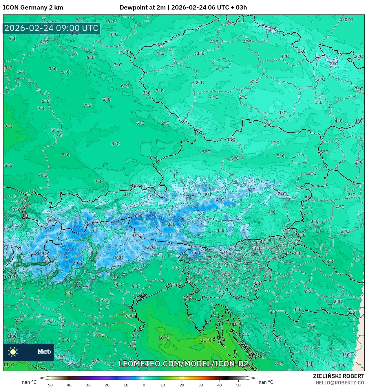 ICON Germany 2 km model - Austria, Dewpoint at 2m