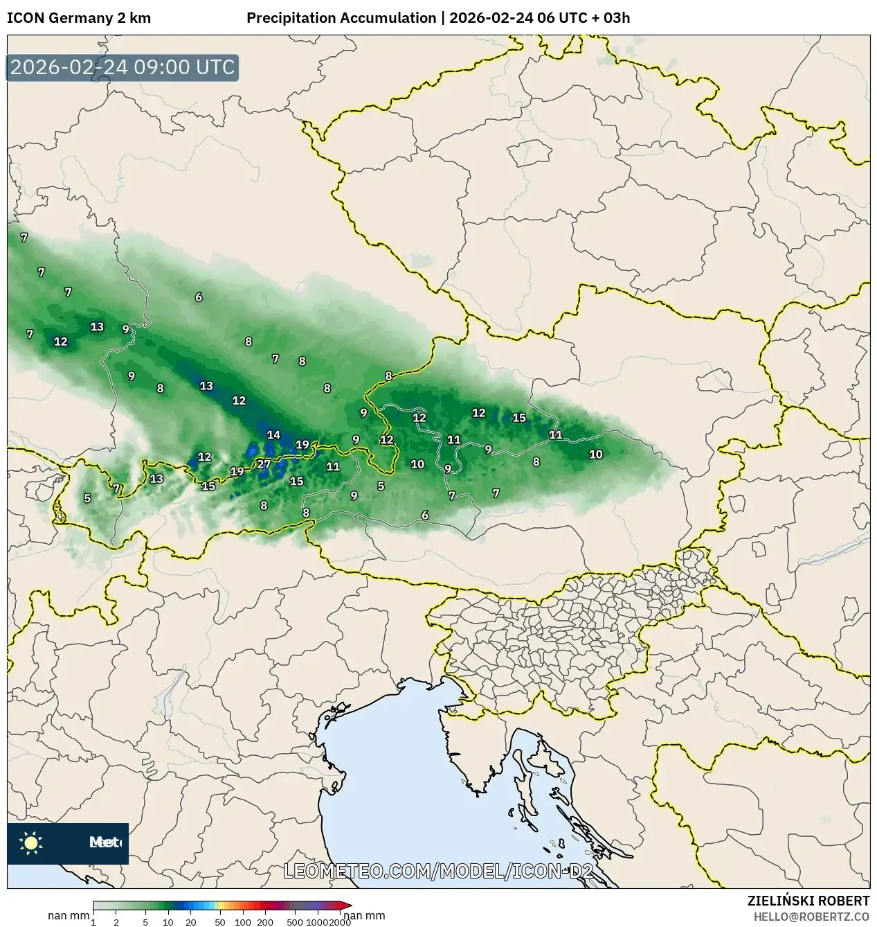 ICON Germany 2 km model - Austria, Precipitation Accumulation