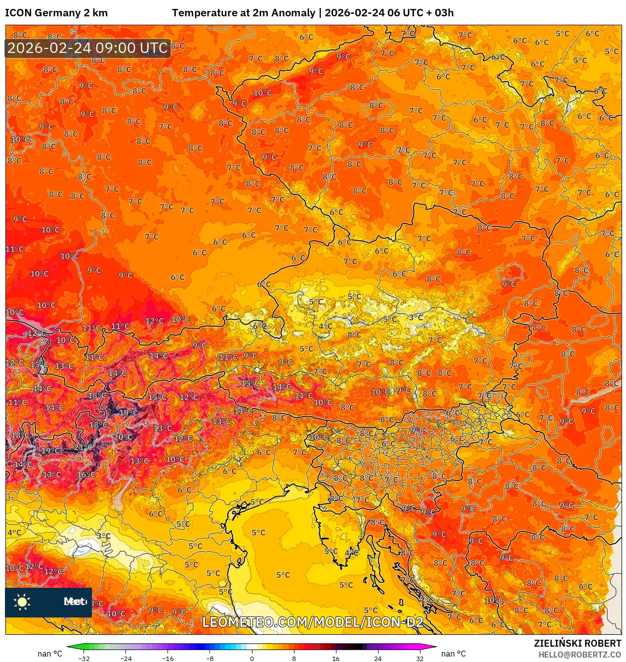 ICON Germany 2 km model - Austria, Temperature at 2m Anomaly