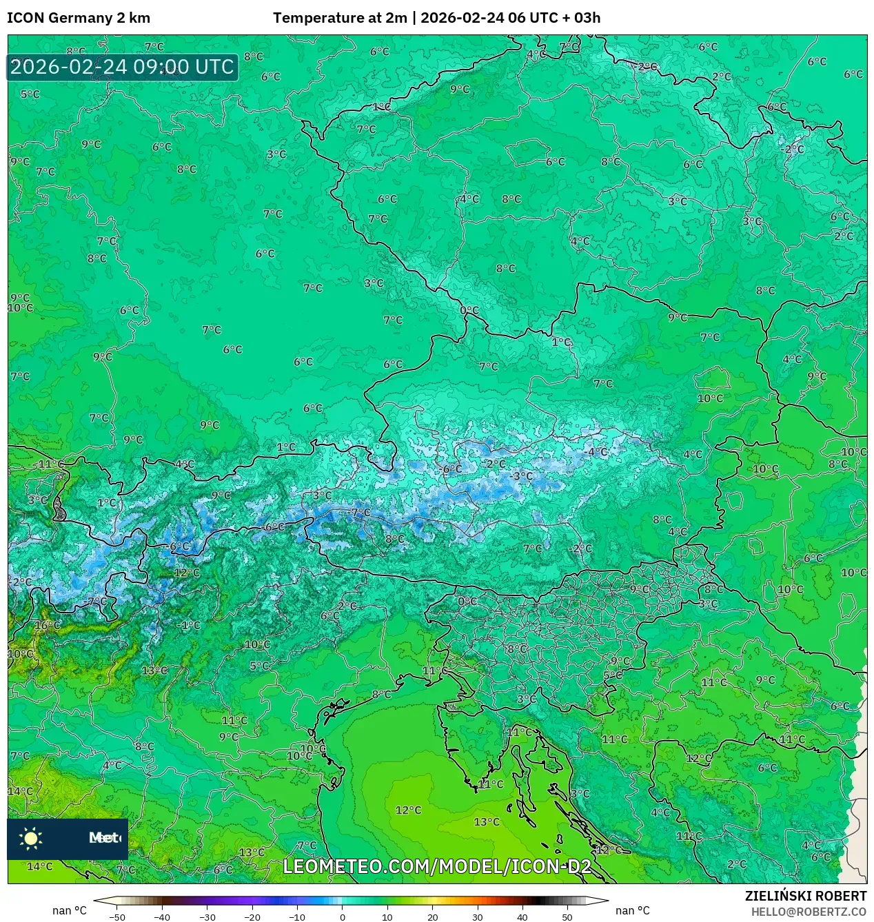 ICON Germany 2 km model - Austria, Temperature at 2m