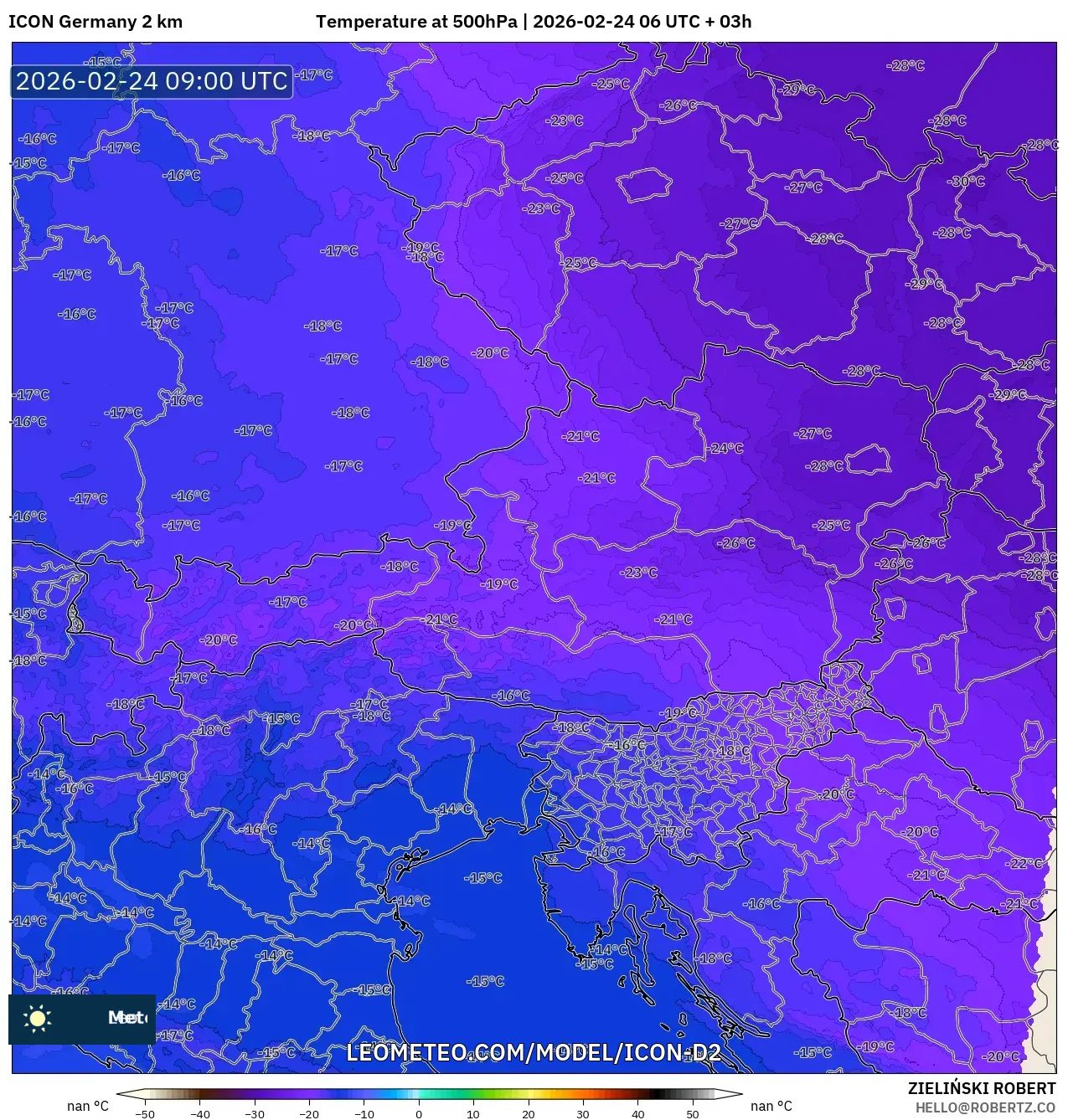 ICON Germany 2 km model - Austria, Temperature at 500hPa