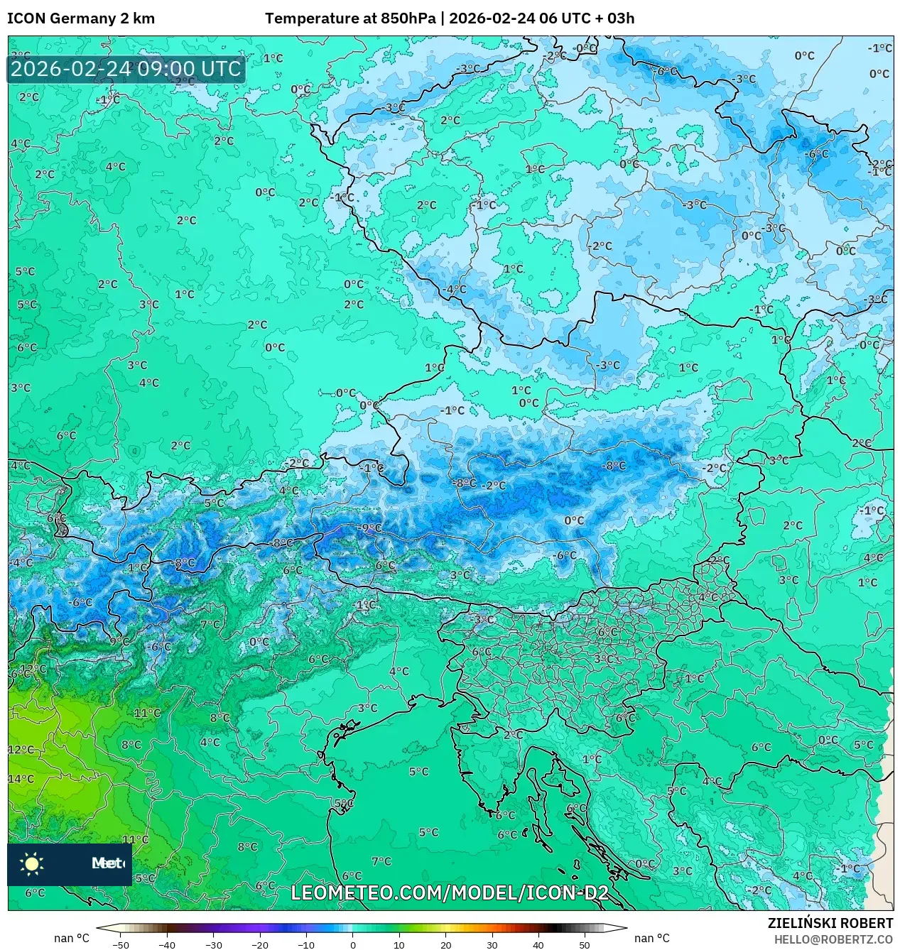 ICON Germany 2 km model - Austria, Temperature at 850hPa