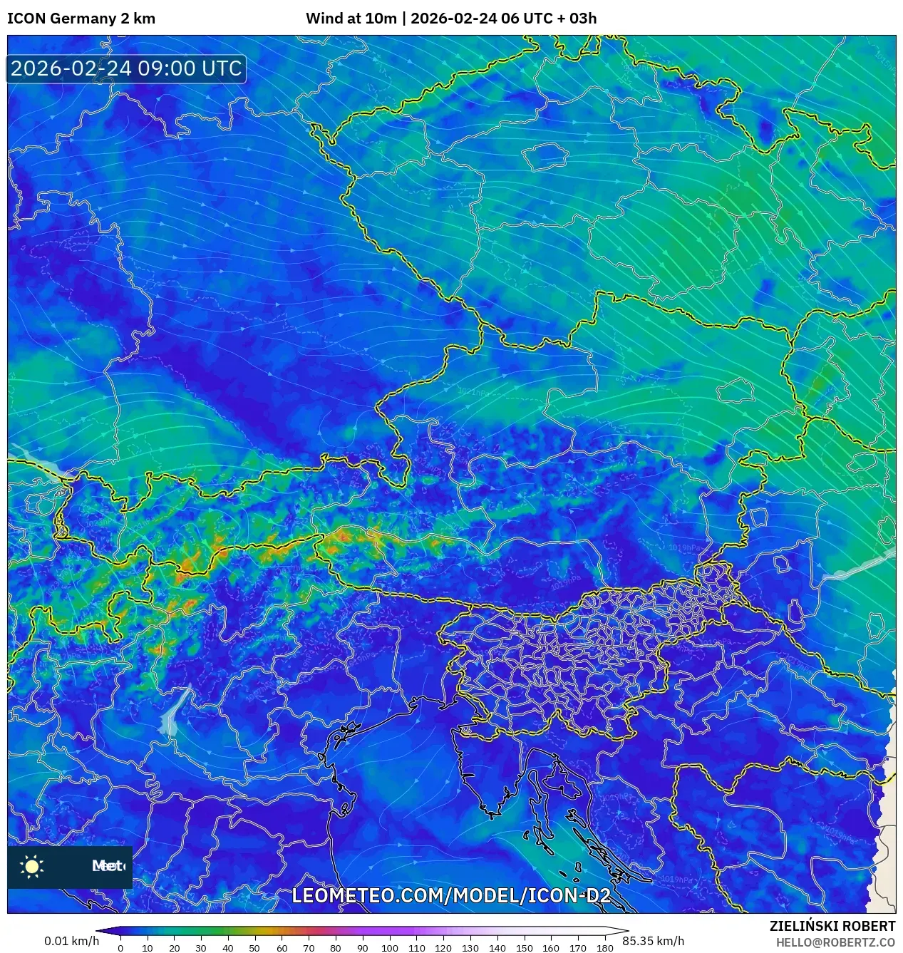 ICON Germany 2 km model - Austria, Wind at 10m