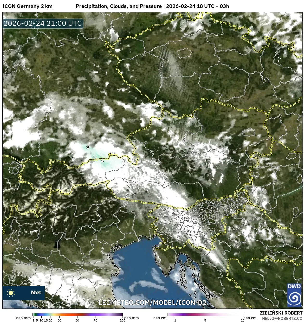 ICON Germany 2 km model - Austria, Precipitation, Clouds, and Pressure