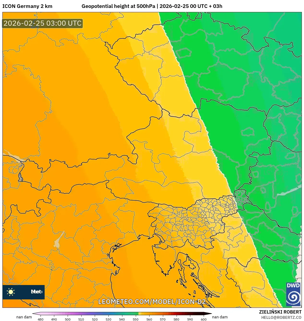 ICON Germany 2 km model - Austria, Geopotential height at 500hPa