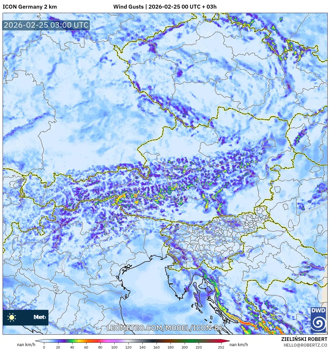 ICON Germany 2 km model - Austria, Wind Gusts